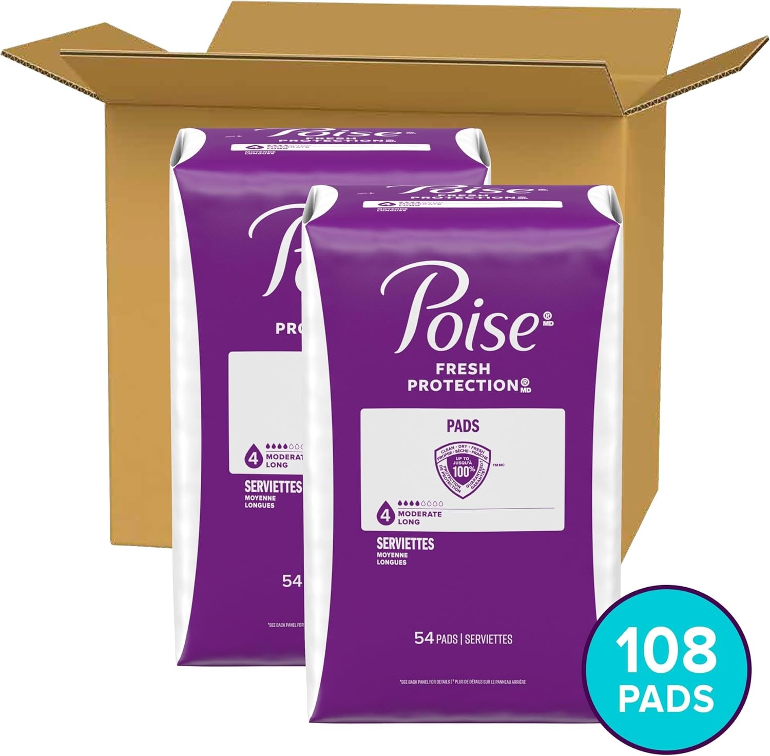 Poise Incontinence & Postpartum Pads for Bladder Leaks, 4 Long Length, White