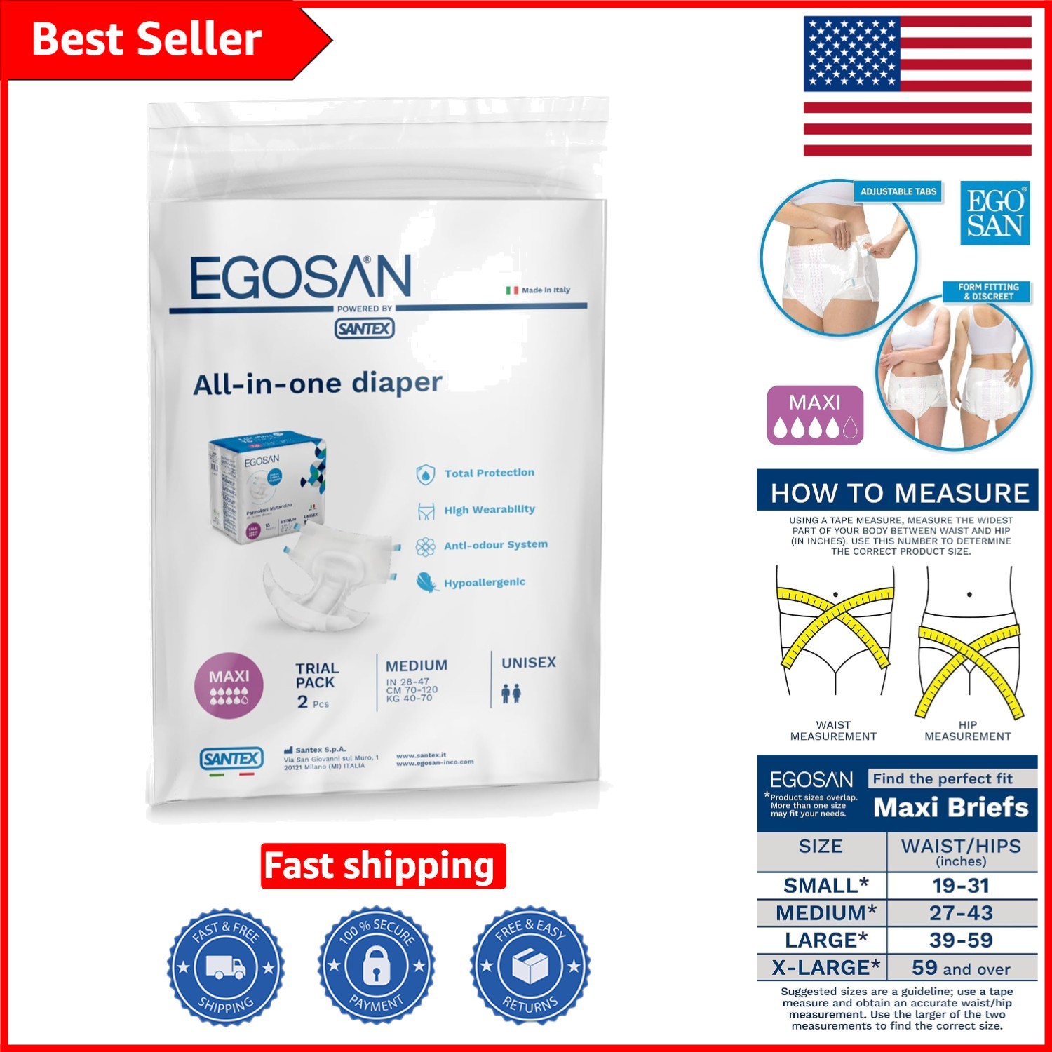 Comfort Fit Maxi Adult Diapers – 2 Count, Odor Control and Leak Guard Included
