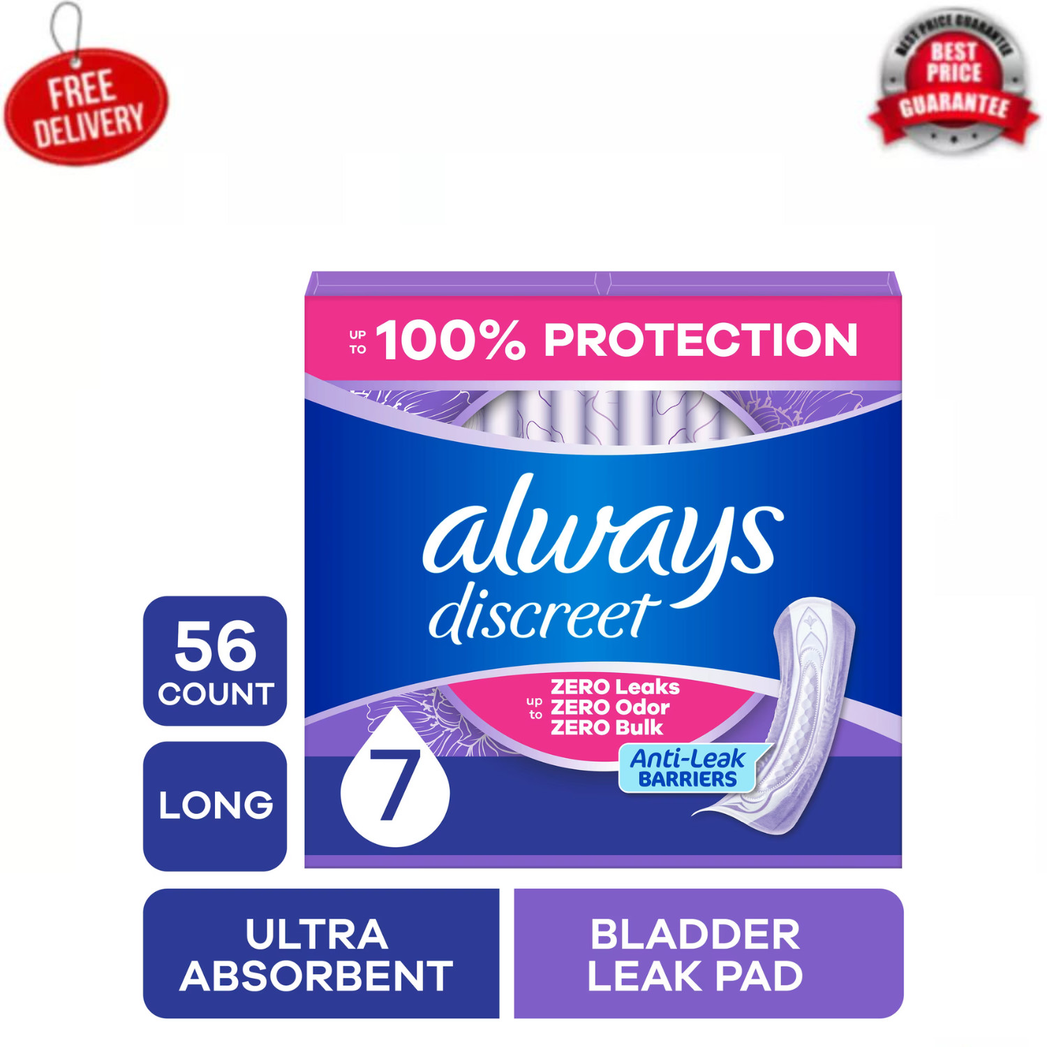 Always Discreet Pads, Ultra Absorbency, Long56 Count