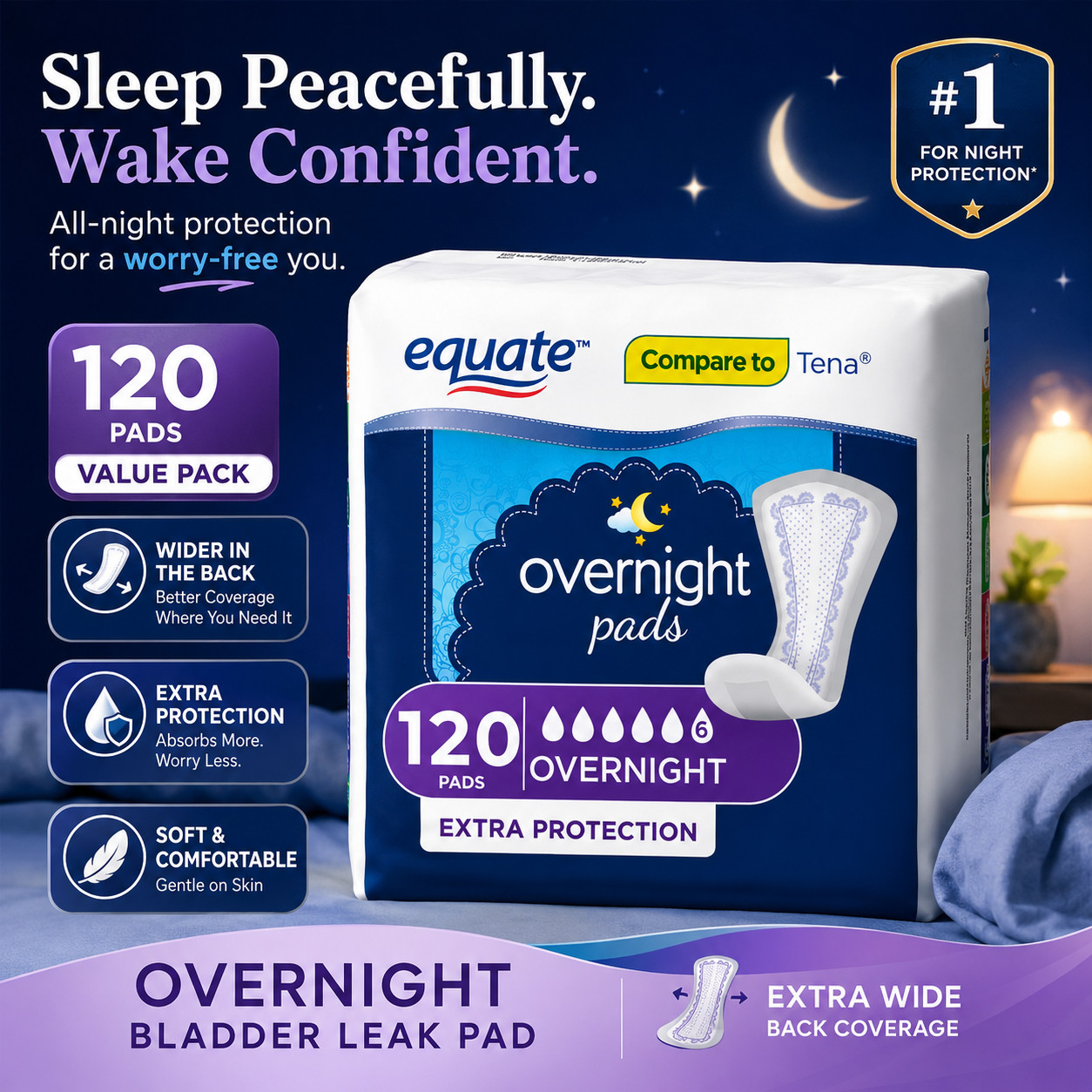 Equate Women’s Overnight Incontinence Pads, Ultimate, Extra Protection, 120 Pads