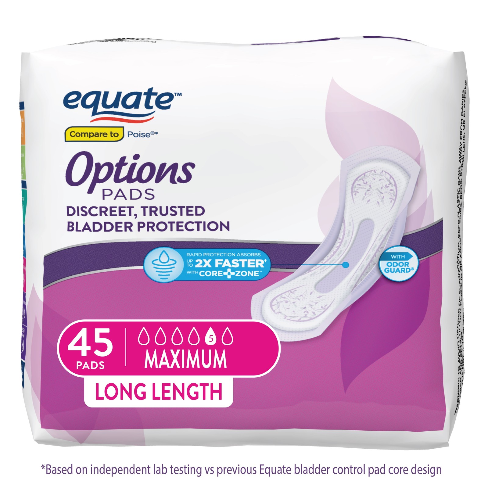 Options Women’s Incontinence Pads, Maximum Absorbency, Long Length (45 Count)