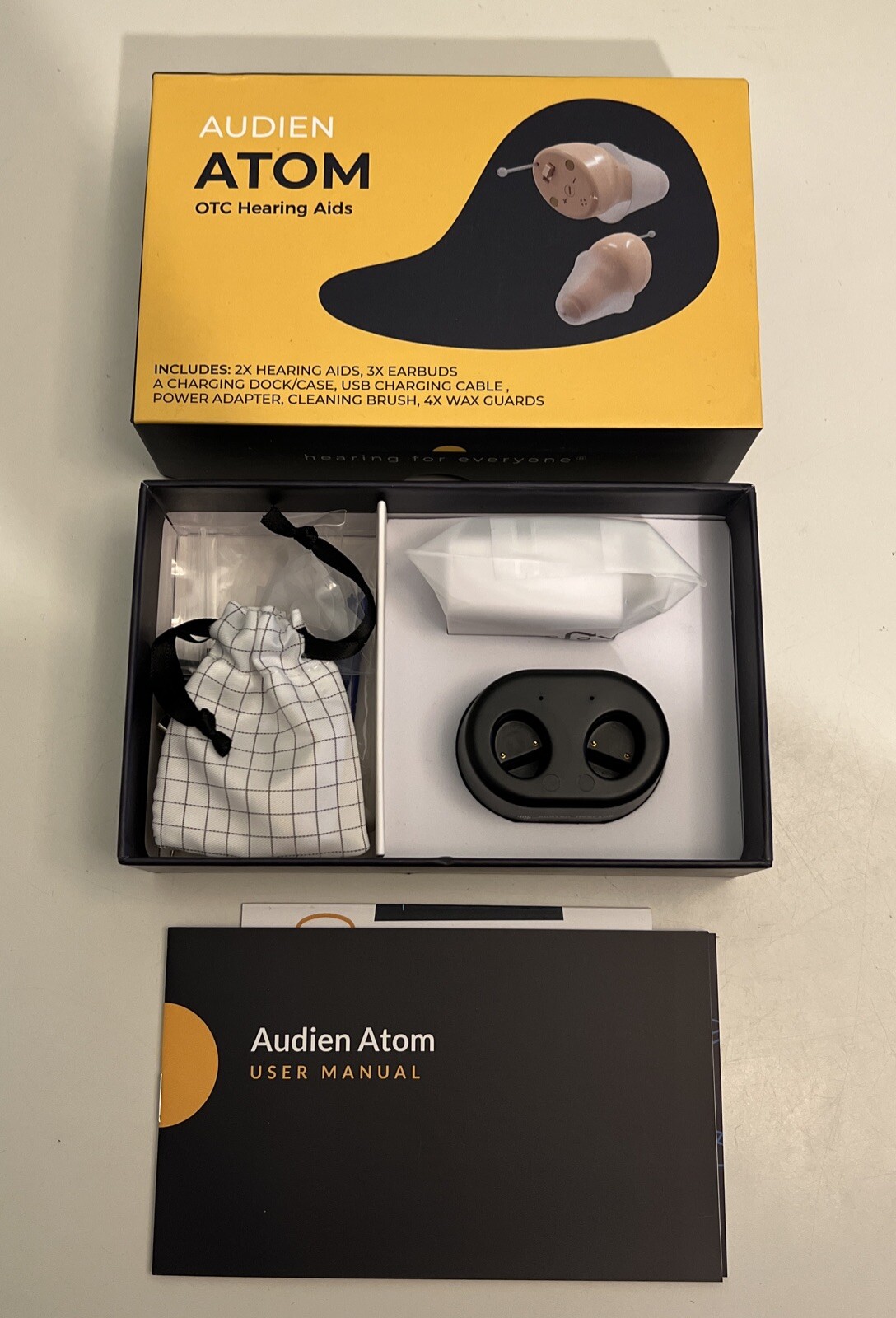 AUDIEN ATOM Rechargeable OTC Hearing Aid/ Amplifier & Charger New Open Box