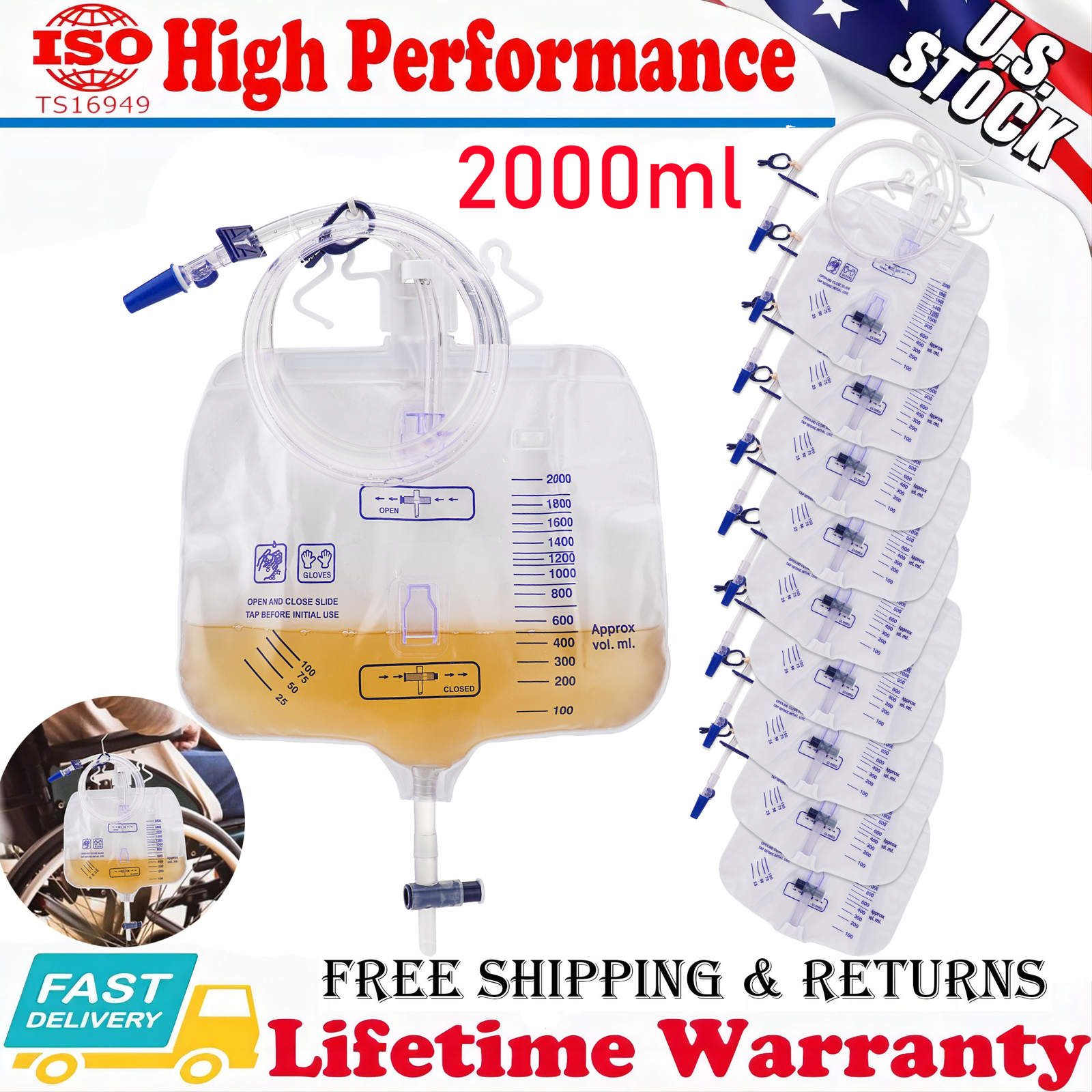 10x 2000mL Urinary Drainage Bag Anti-Reflux Chamber Urine Bags 48″ Tube Drainage