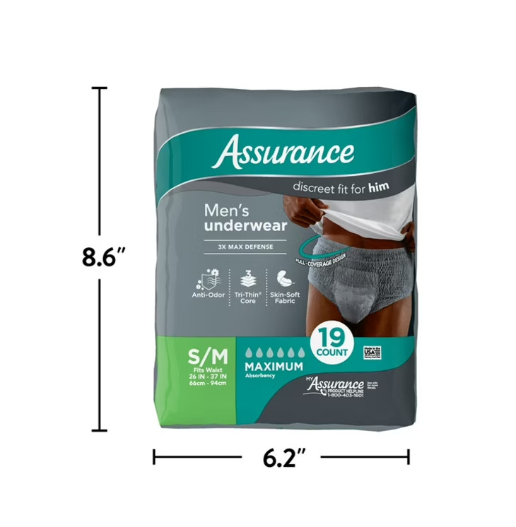 Assurance Men’s Incontinence Underwear, S/M, Maximum Absorbency Male 19/36/72 Ct