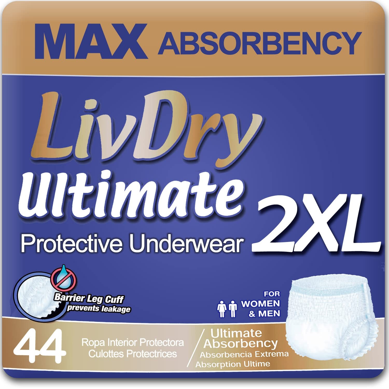 LivDry Ultimate 2XL Adult Incontinence Underwear, Max Absorbant Diapers for W…