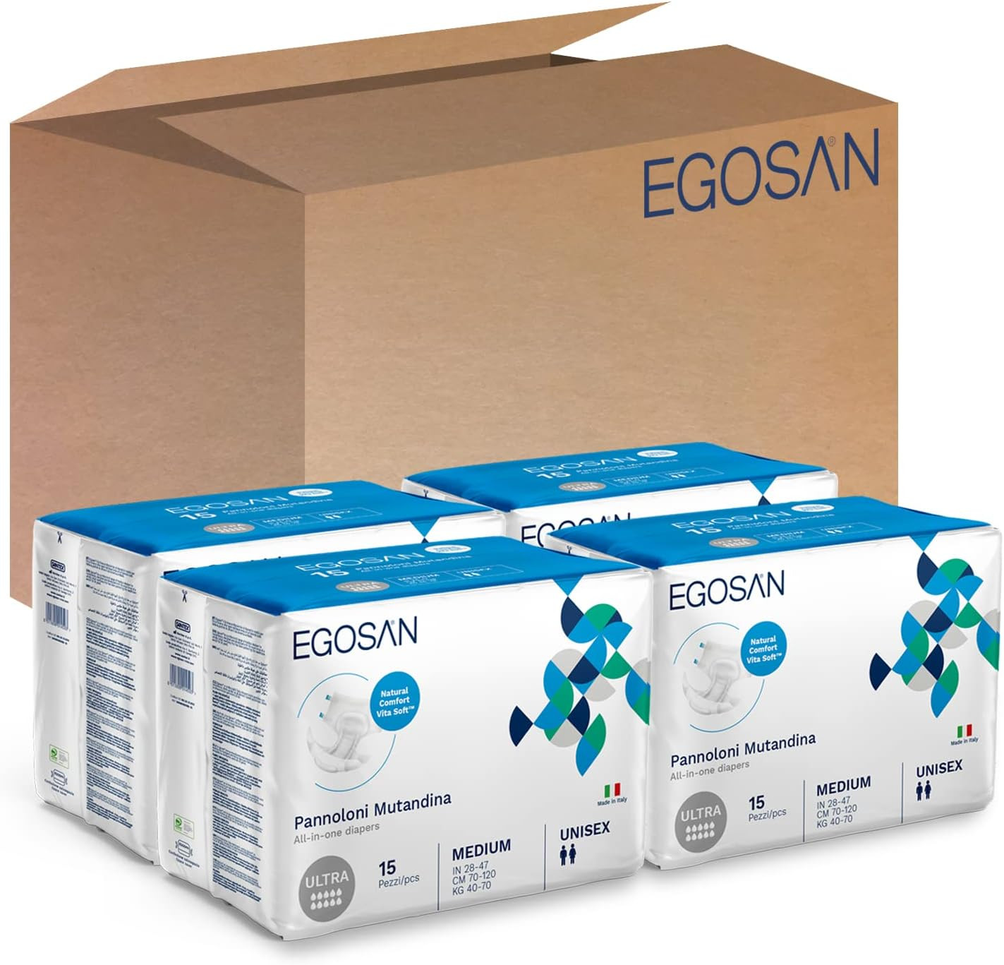 Egosan Ultra Adult Diapers, Maximum Absorbency Briefs with Tabs, Medium 60 Count