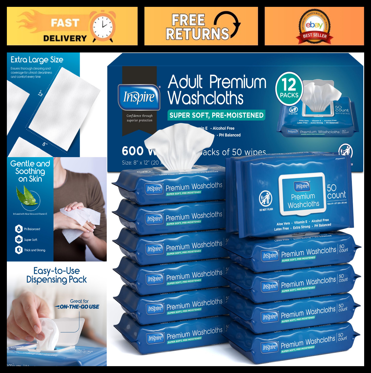Adult Wet Wipes for Incontinence & Cleansing | 12 Packs of 50 Wash Cloths 8″x12