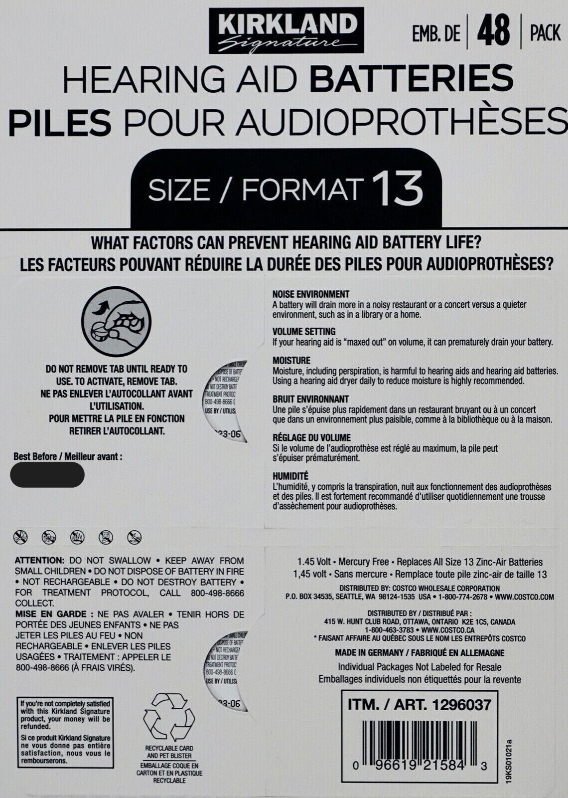 Kirkland Signature Hearing Aid Batteries 48 Pack Zinc Air, Size 13 Best B4 10/24