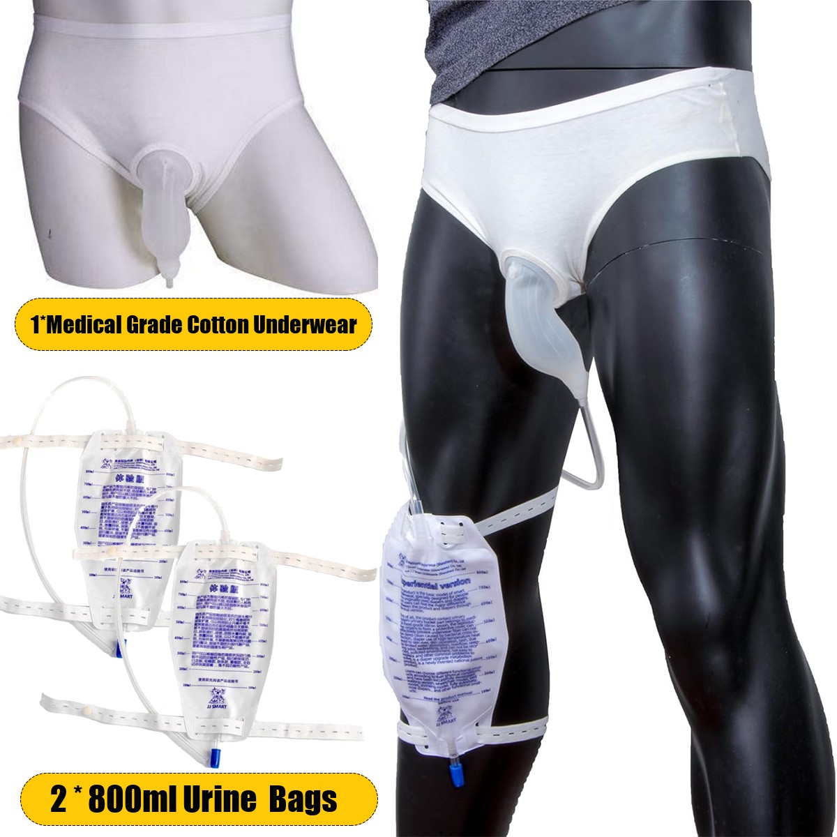 Wearable Urine Collector for Men with Silicone Urine Cup Cotton Briefs, 2* 800ml