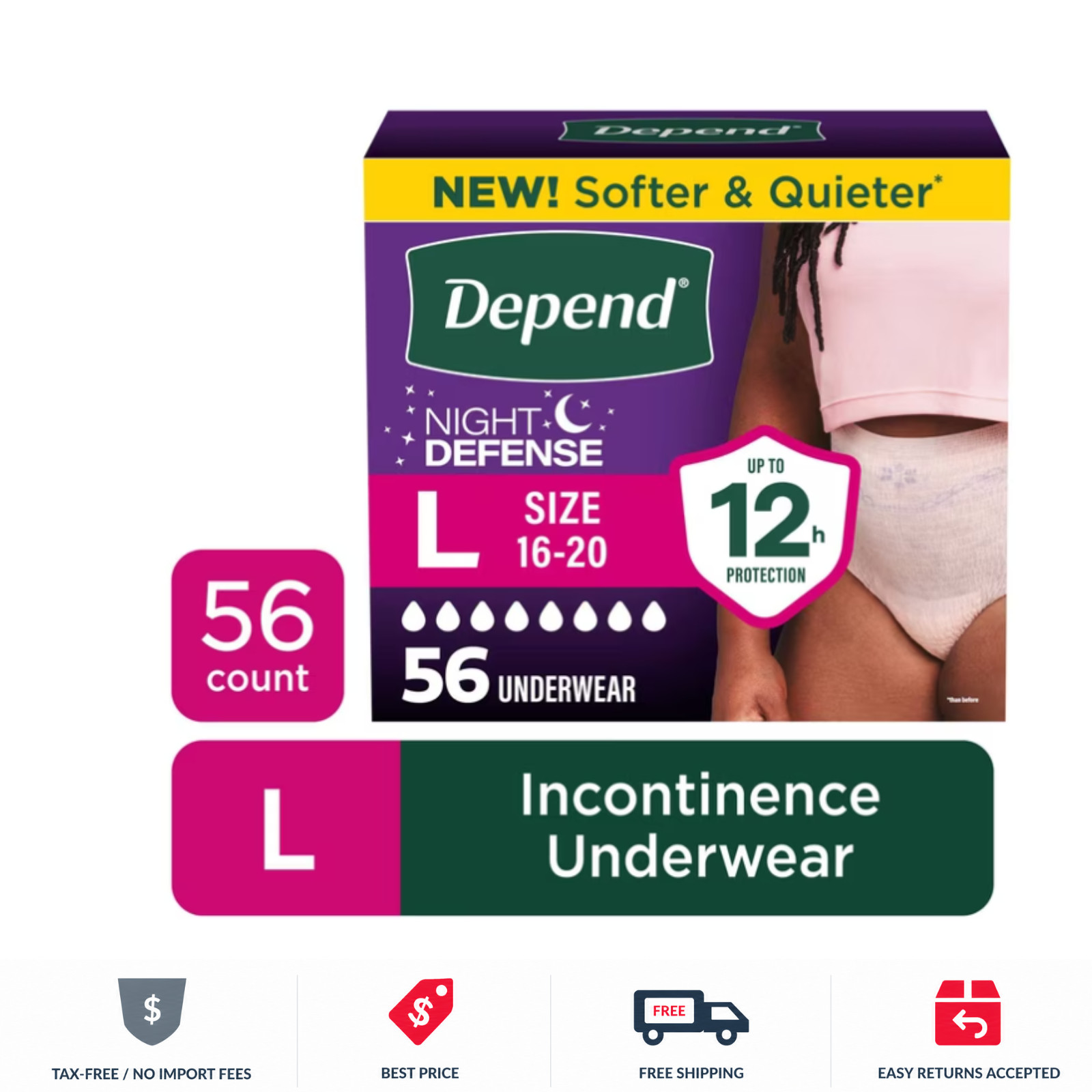 Depend Night Defense Incontinence Underwear for Women Large 56 Count