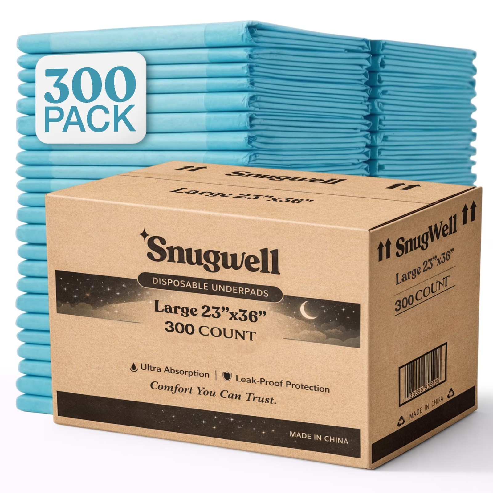 Underpads 23×36 Inch 300 Count Human-Grade Blue Disposable Bed Pads Incontinence