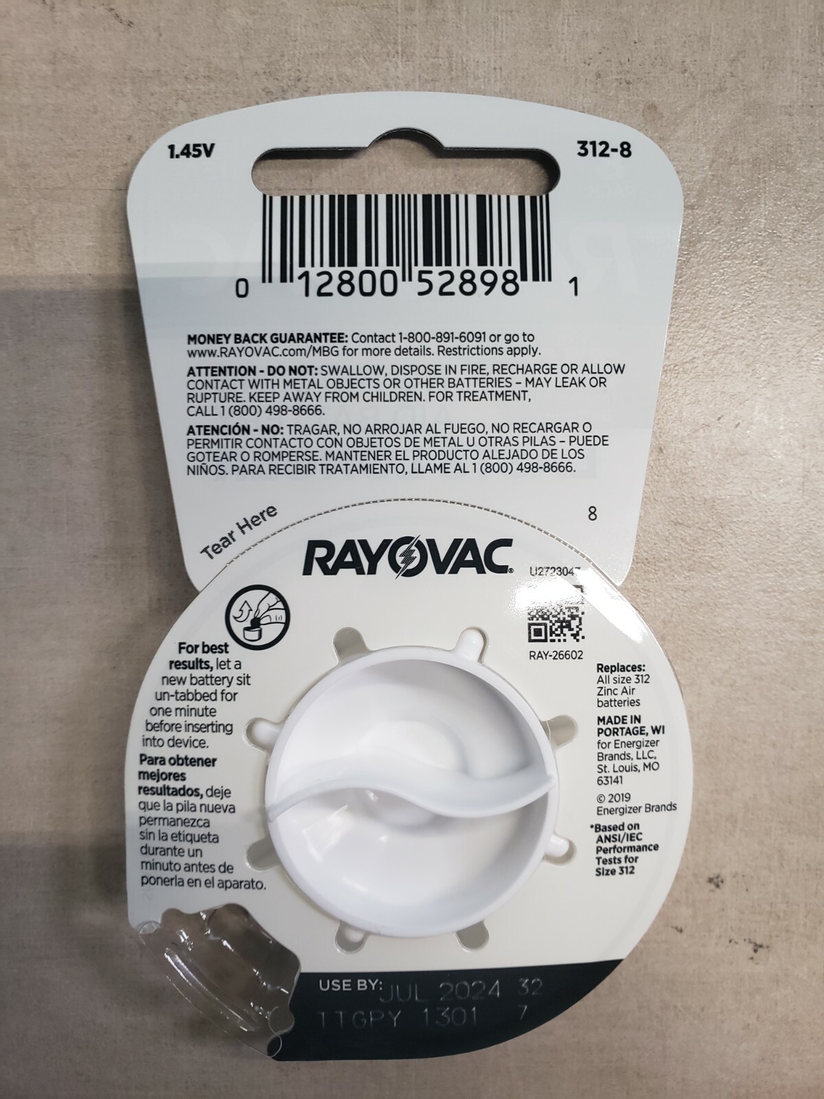 Lot of 4 Packs of Rayovac 312-8 Hearing Aid Batteries, 8 Per Pack, Exp: 07/2024