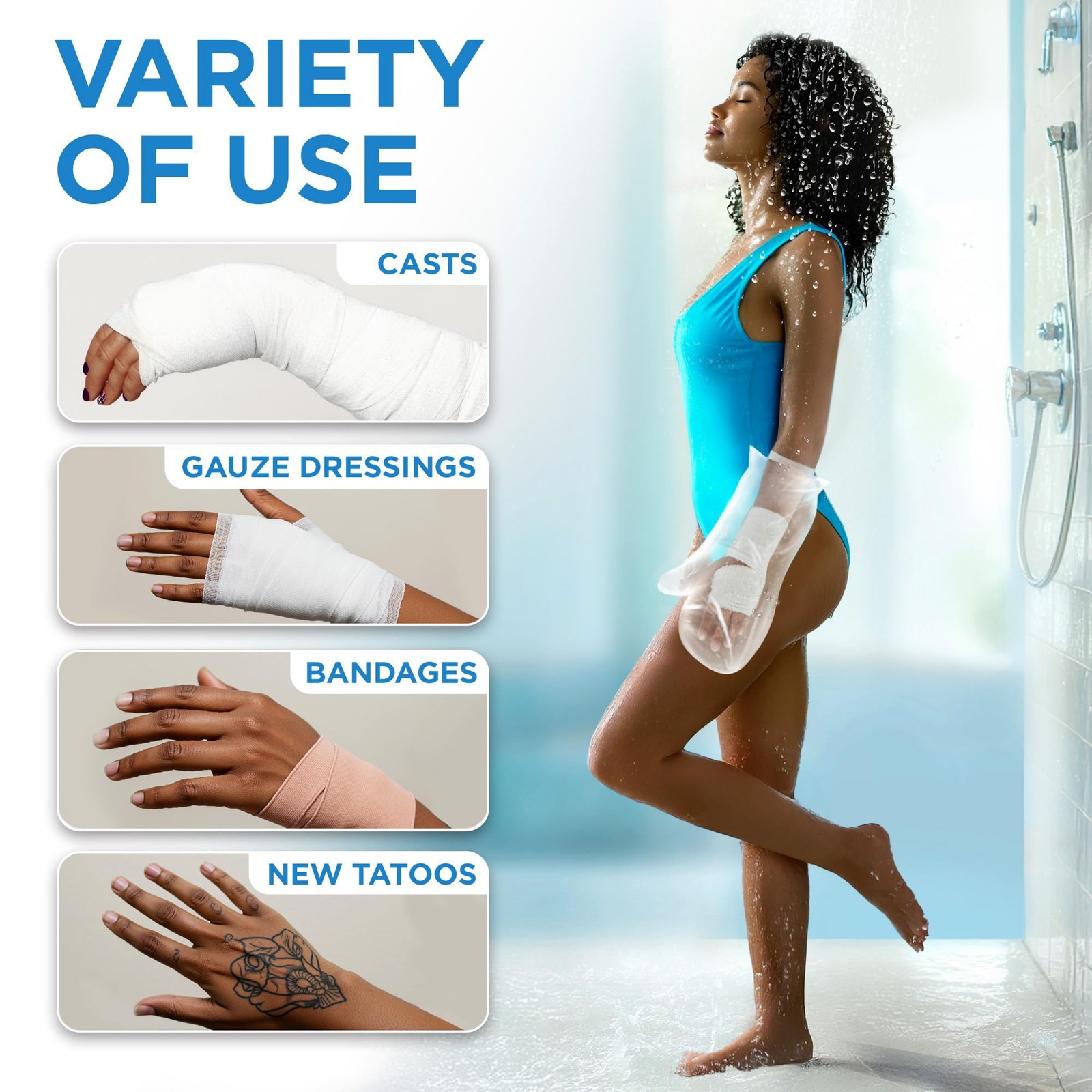 100% Waterproof Cast Covers for Shower Arm – Tight 3 Count (Pack of 1), Clear