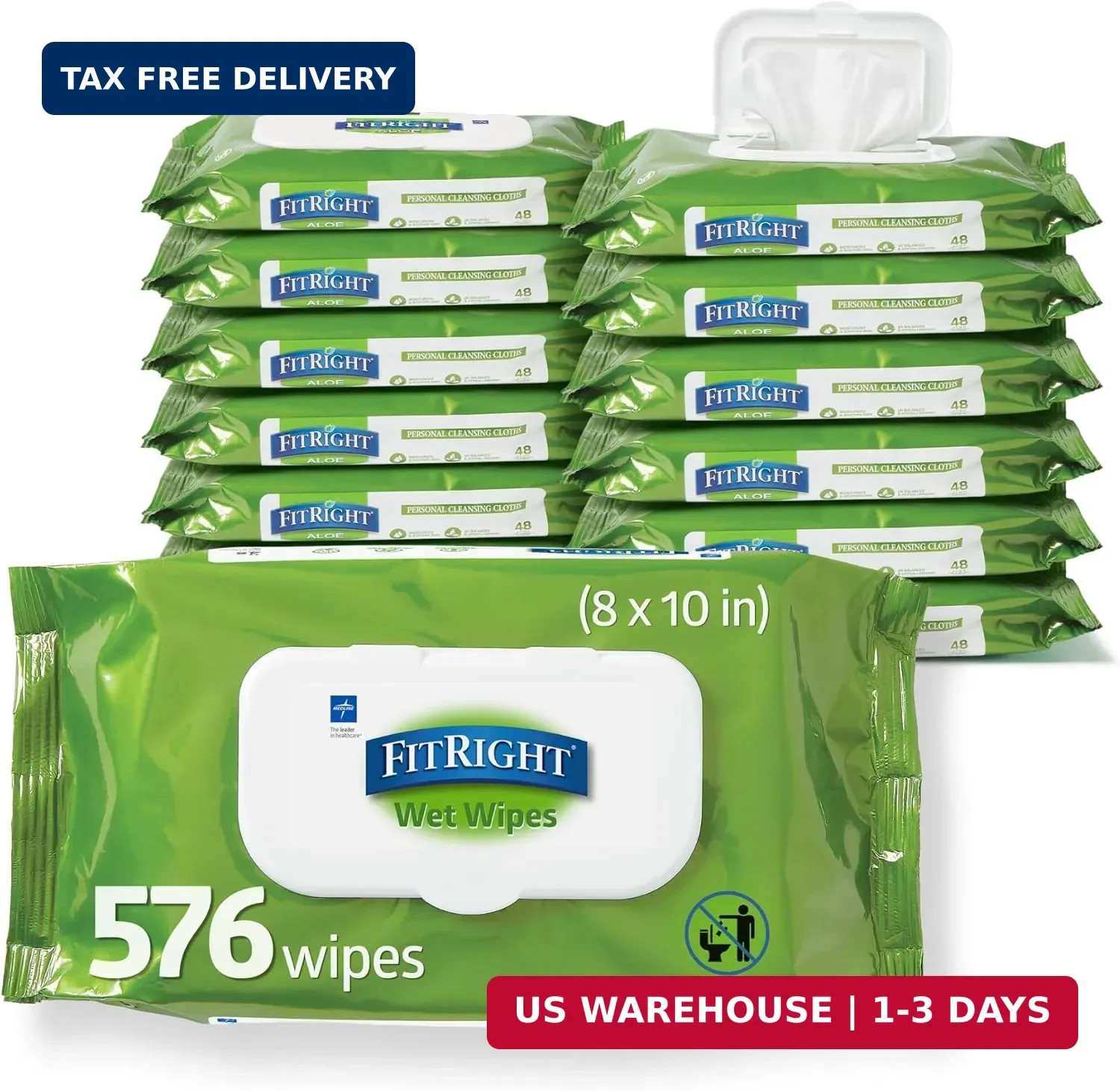 Medline FitRight Aloe Personal Cleansing Cloth Wipes, Scented, 576 Count, 8 x 10