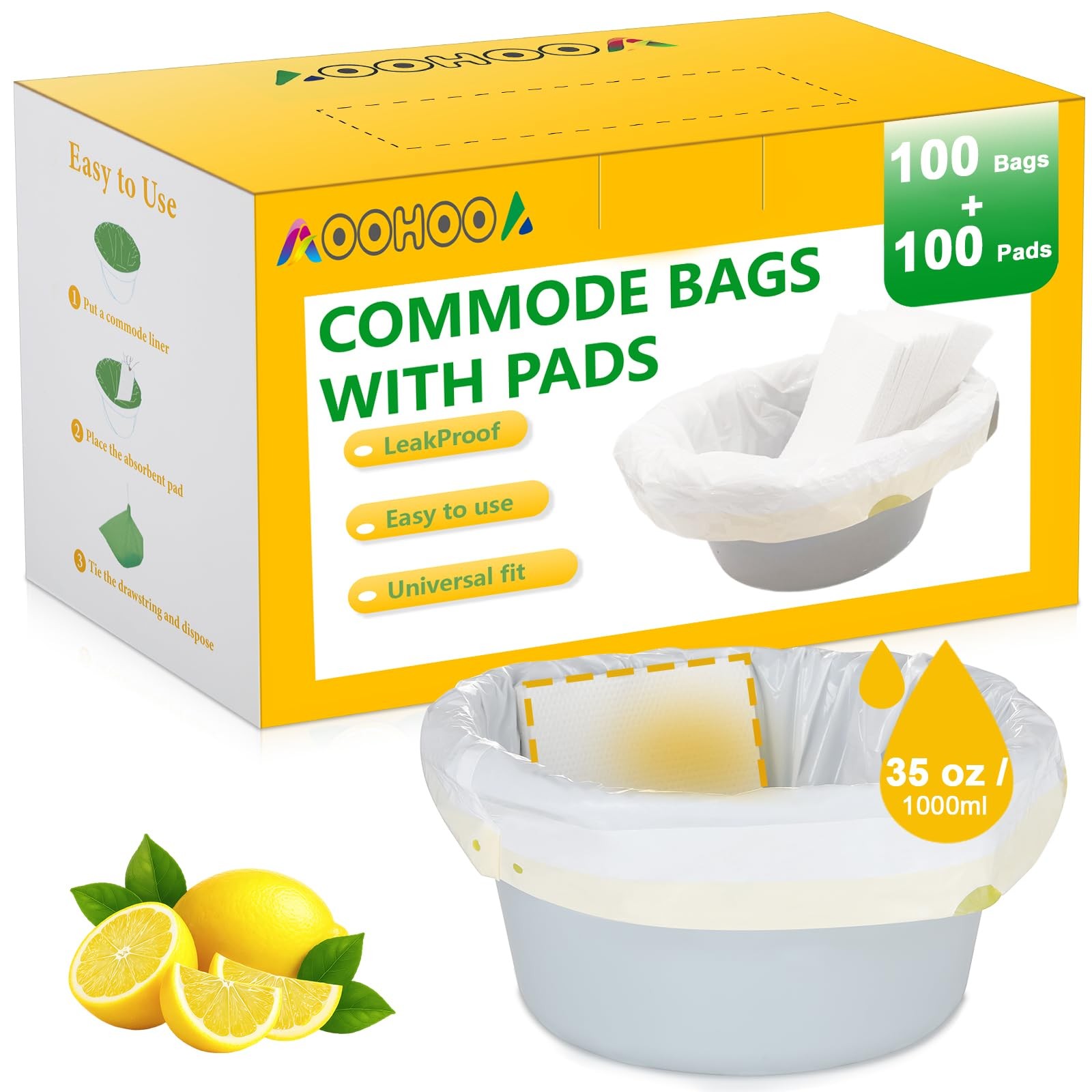 100 PCS Bedside Commode Liners And 100 Absorbent Pads Lemon Scent Bags