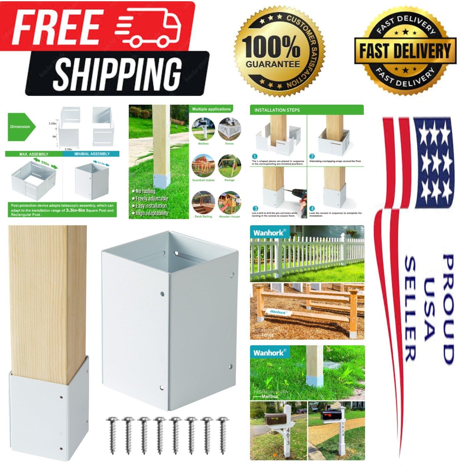Quick Installation Adjustable Post Protector for Mailboxes, Decks, and Fences
