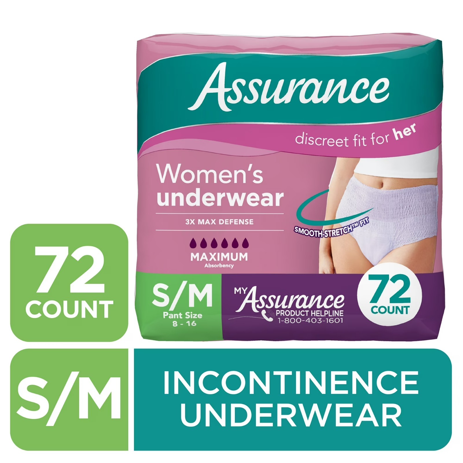 Assurance Women’s Incontinence & Postpartum Underwear, S/M , (72 Count)