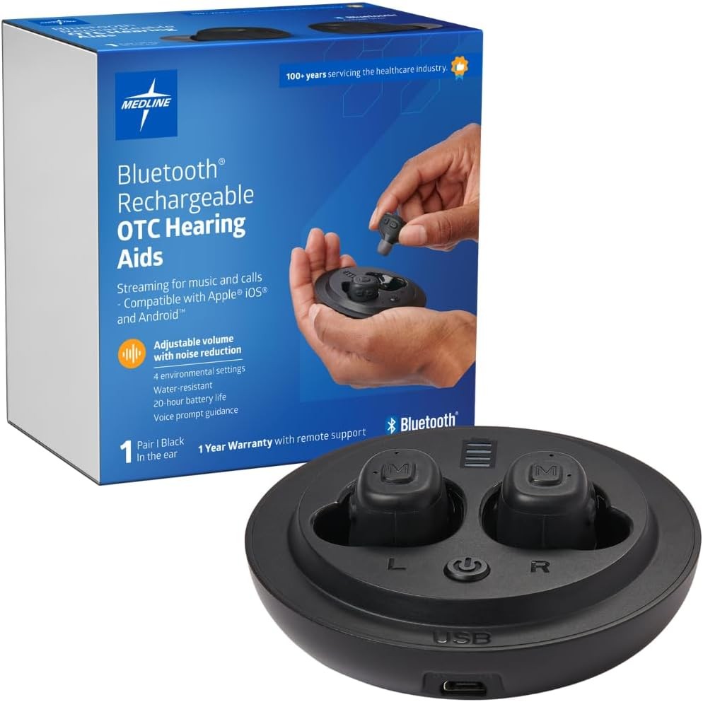 Medline Rechargeable OTC Hearing Aids in-Ear 4 Modes 20hr Battery Life Bluetooth