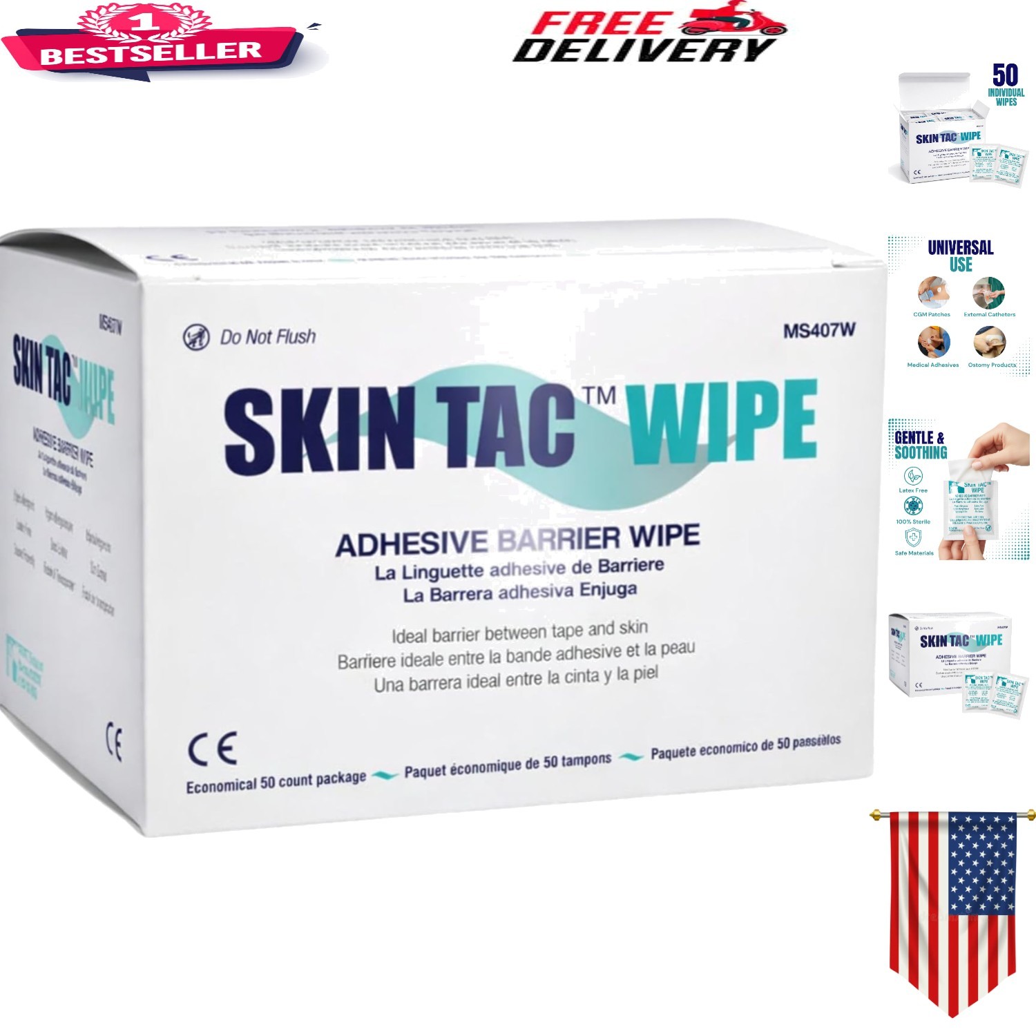 TORBOT Skin-Tac-H Adhesive Barrier Wipes, 50/Box