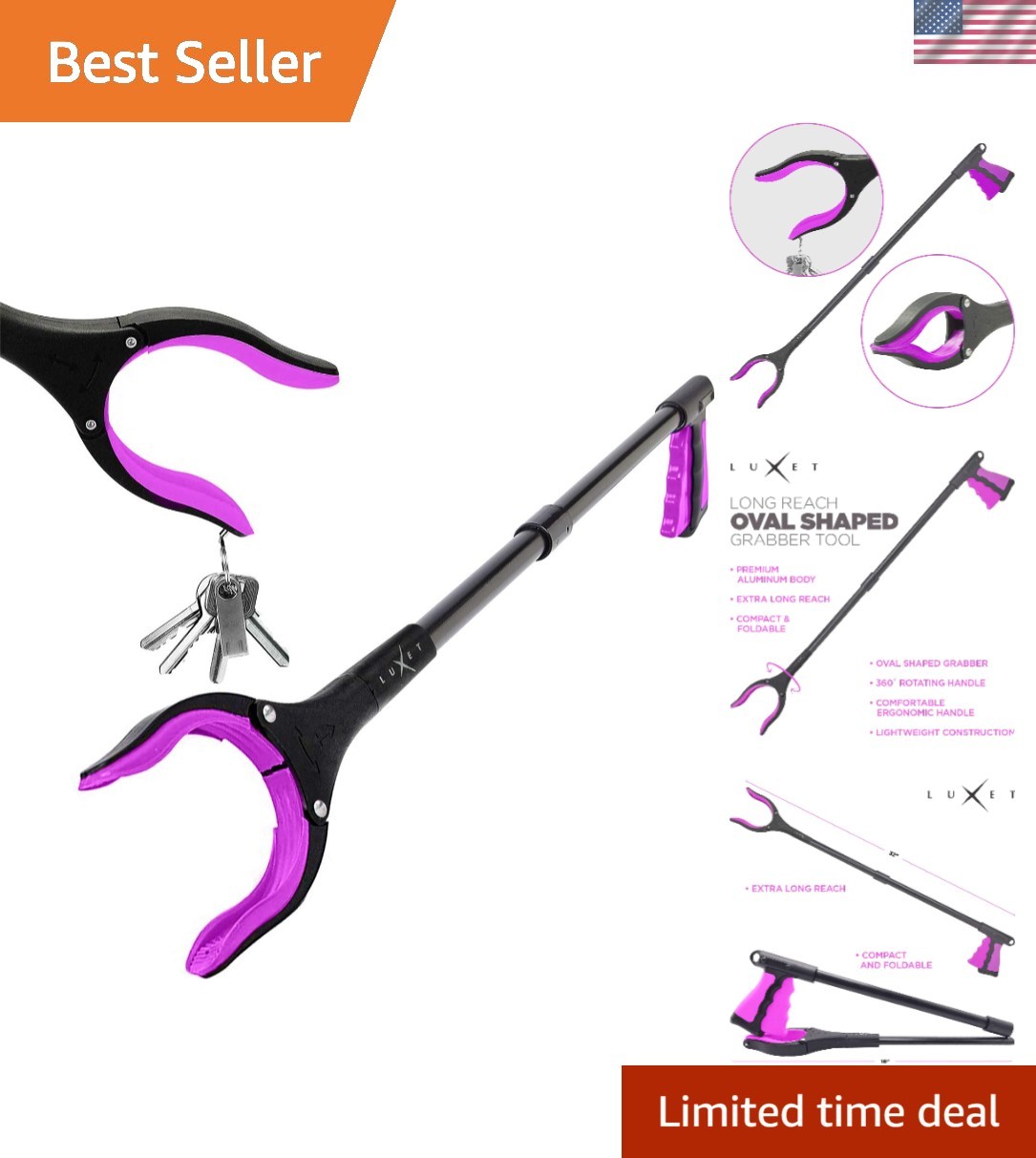 Grabber Reacher Tool – Long 32 Inch Pink Aluminum Foldable Pick Up Stick – St…