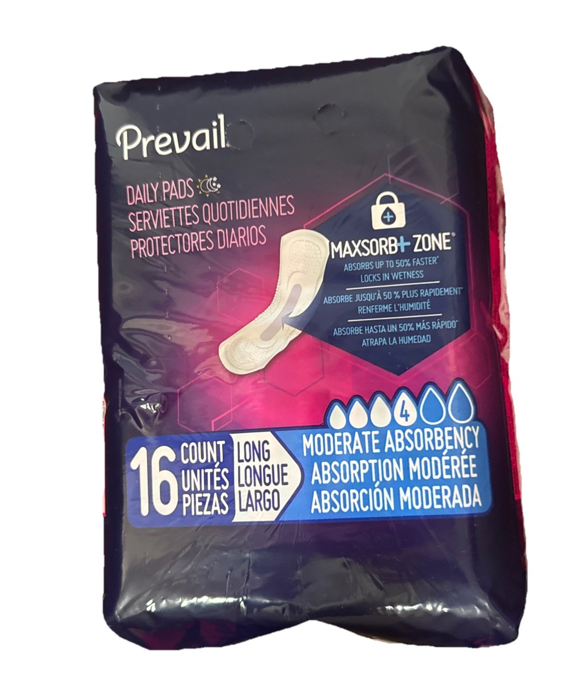 Prevail Daily Pads Moderate Absorbency Long Pads NEW 9 Packs of 16ct =Total 144