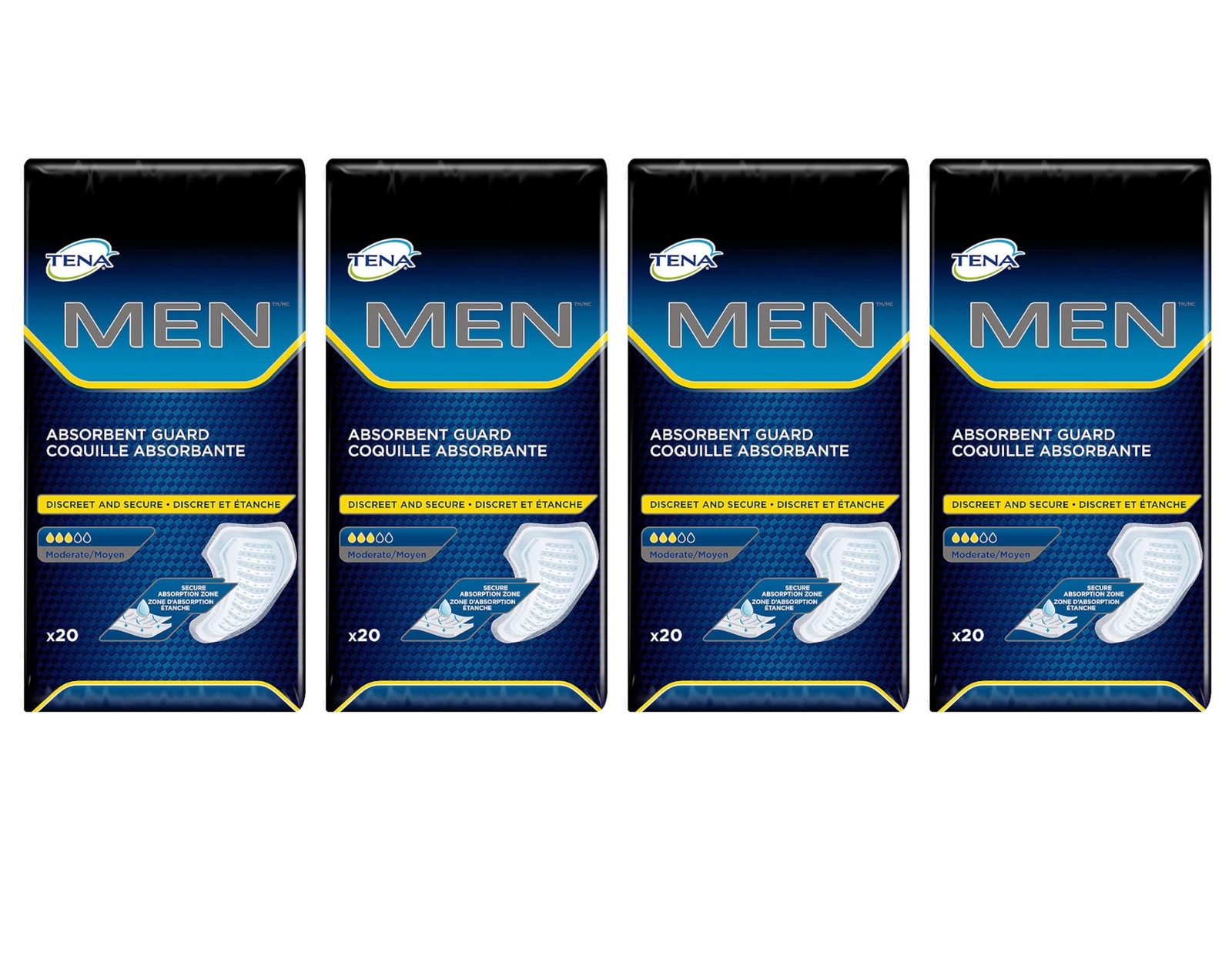 4 Pack of TENA Incontinence Guards for Men, Moderate Absorbency 20 ct