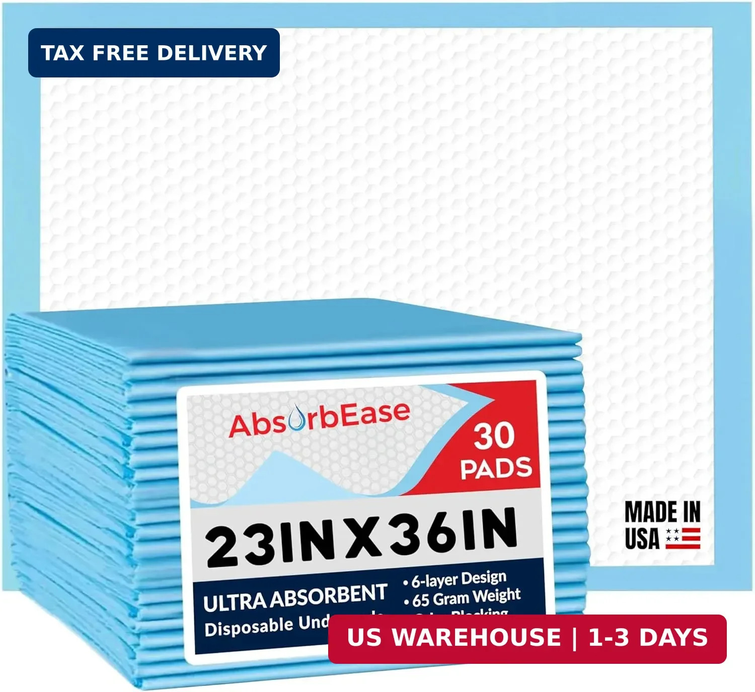 AbsorbEase® Disposable Underpads 23” X 36” (30-Count) Incontinence Pads, Chux,