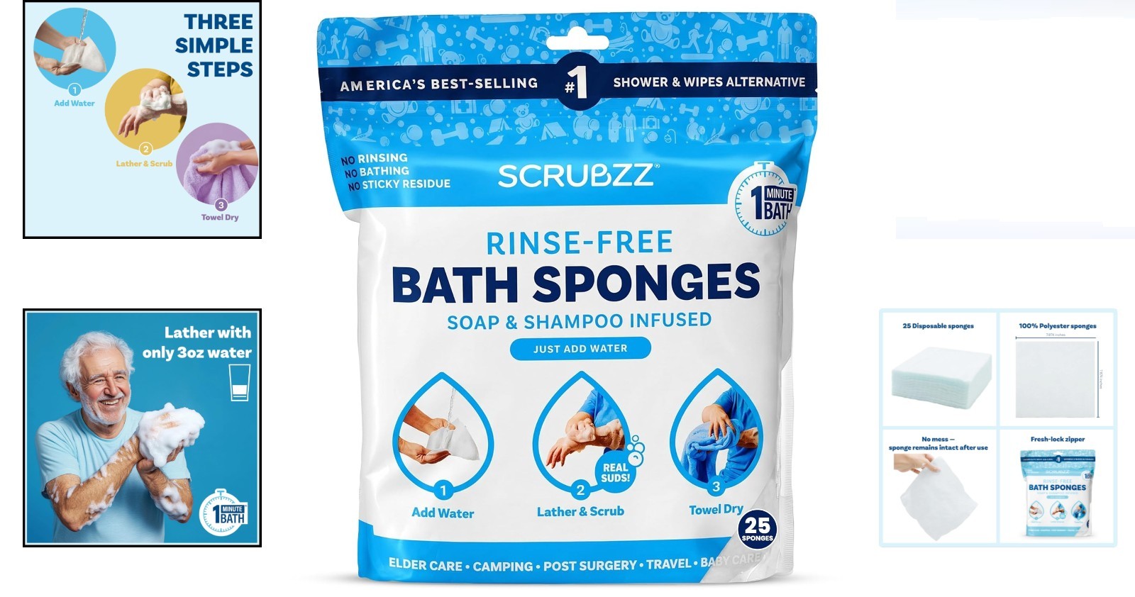 Disposable Rinse Free Bath Wipes 25 Pack All-in-1 Shower Wipes Body Face Hypo…