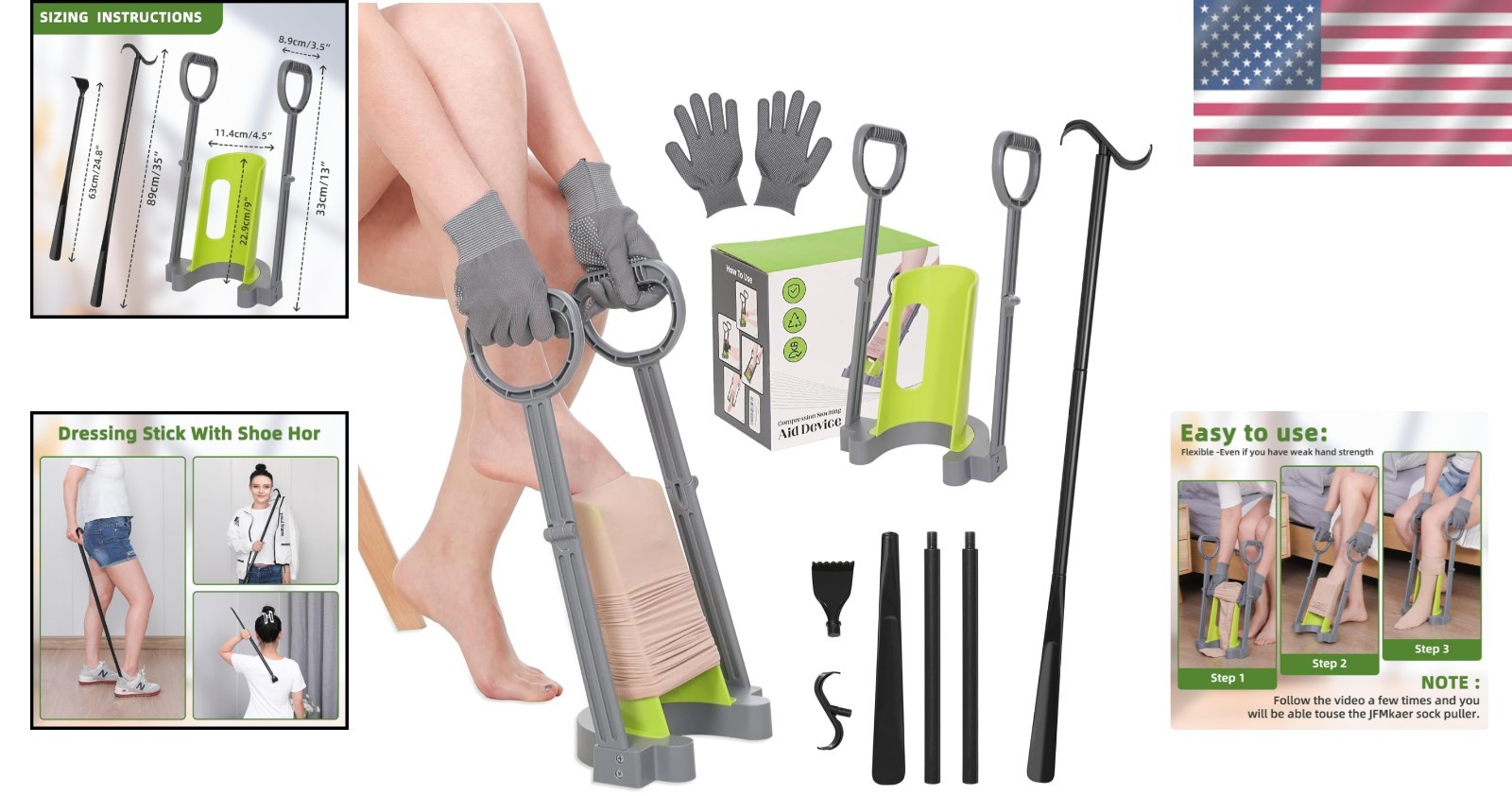 Compression Sock Aid Device with Detachable Dressing Pole – For Limited Mobility