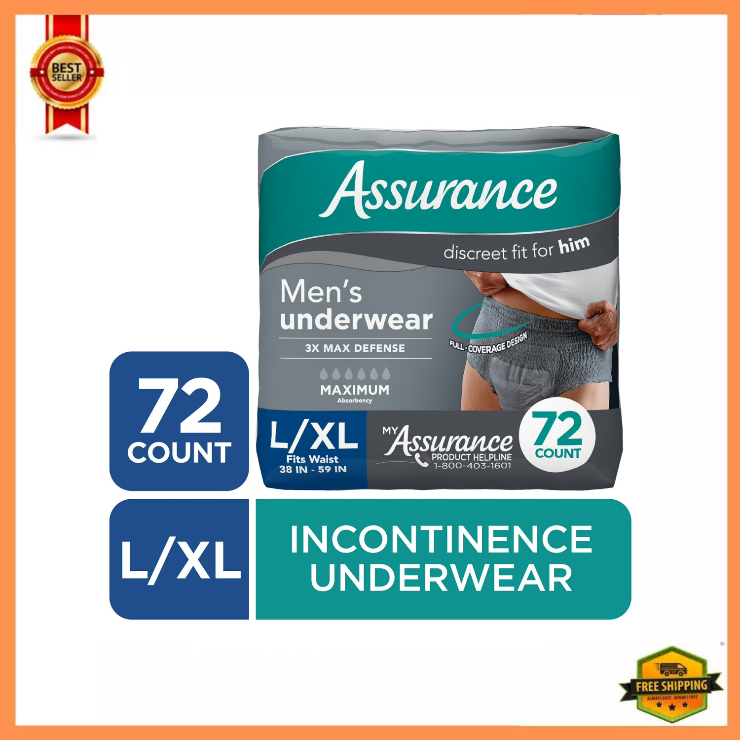 Assurance Men’s Incontinence Underwear, Large, Maximum Absorbency, 72 Count