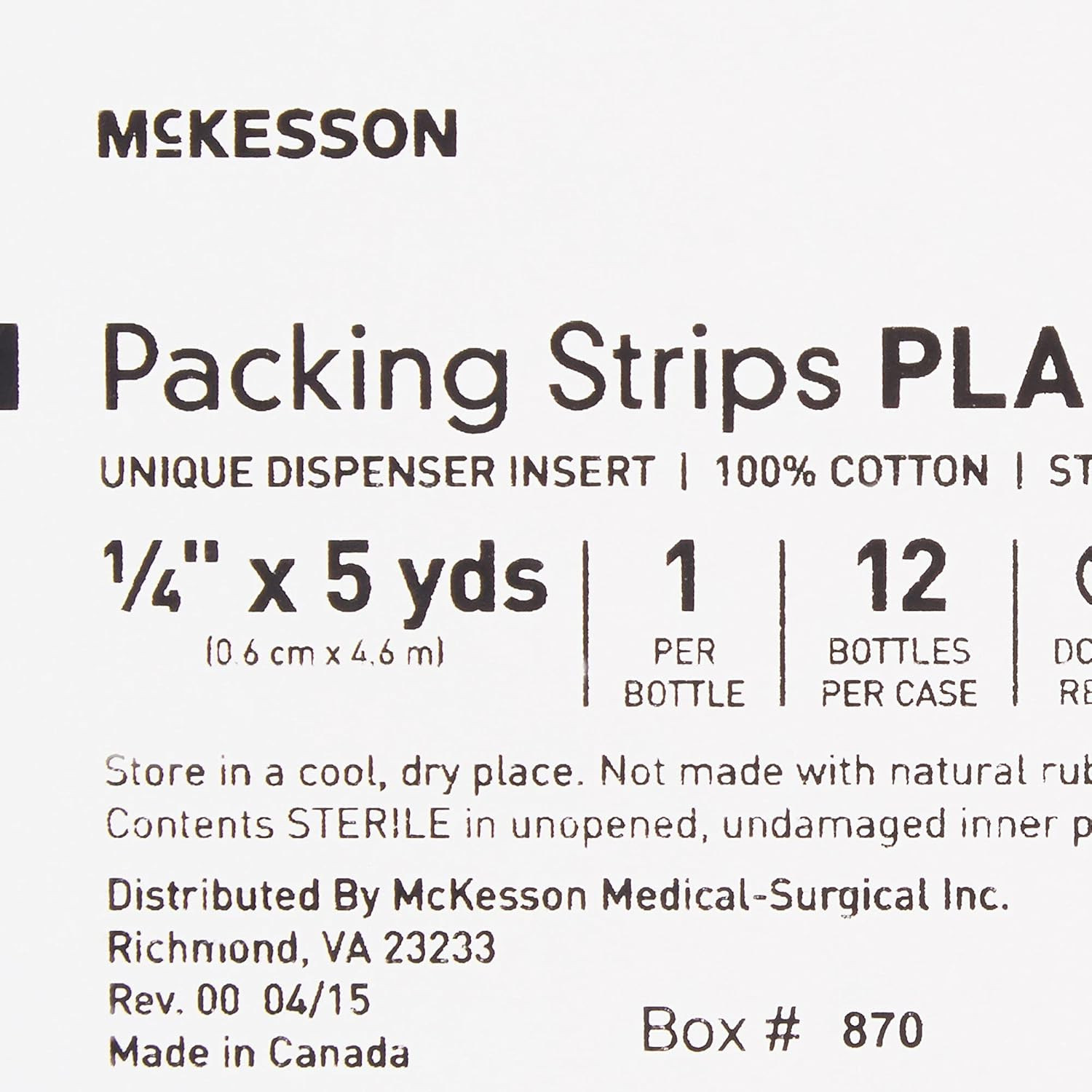 McKesson Packing Strip, Sterile, Plain, 100% Cotton, 1/4 in x 5 yds, 1 Count