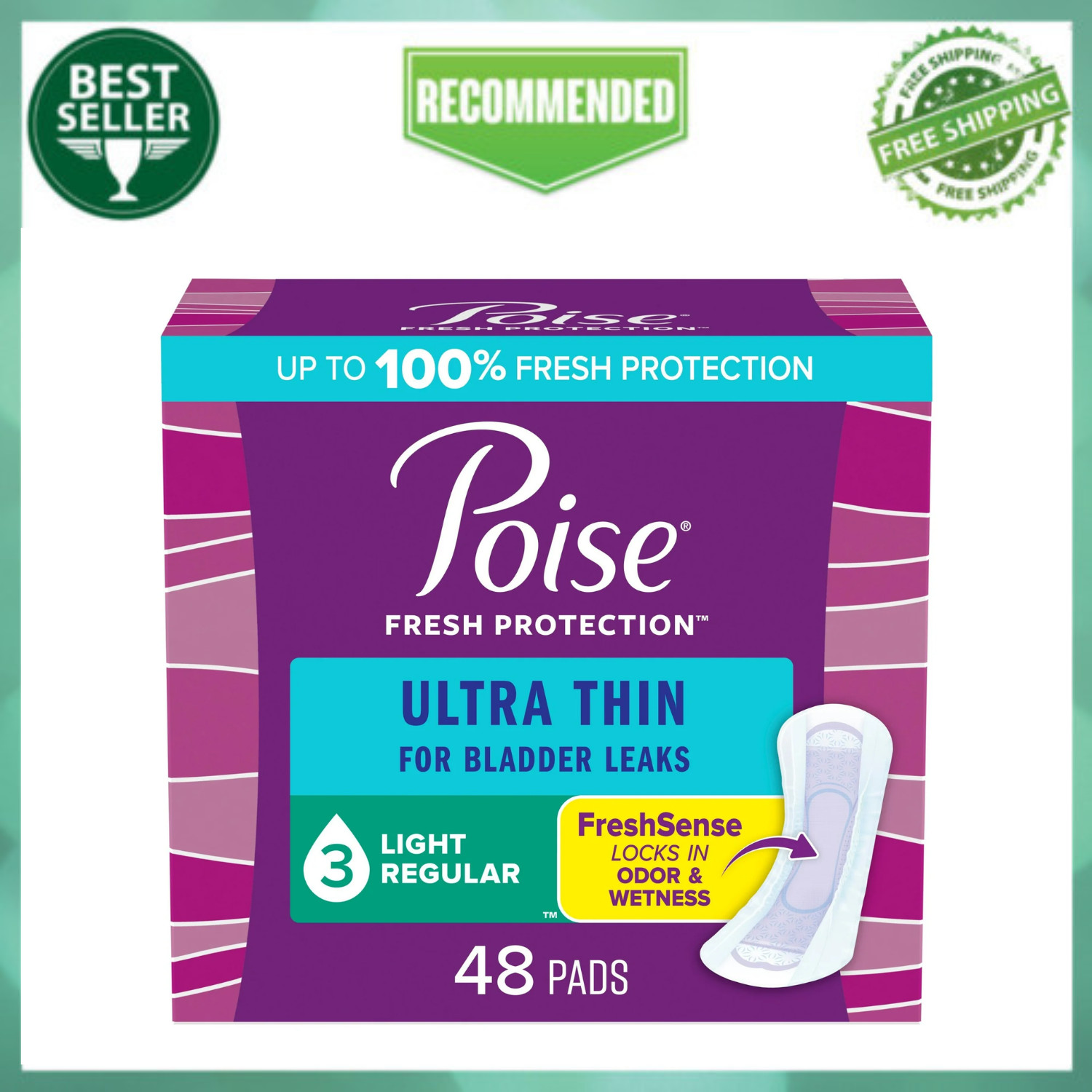 Poise Ultra Thin Incontinence Pads 3 Drop Light Absorbency Regular Length, 48 Ct