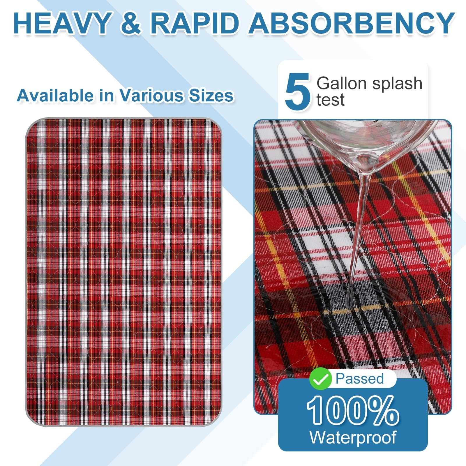 Washable Bed Pads 2 PCS 34×54 Inch Red Plaid Incontinence Underpads Reusable