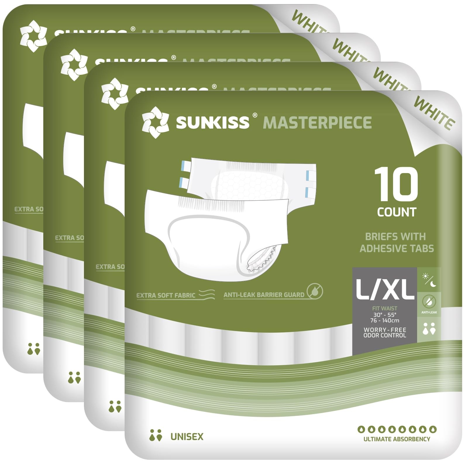 SUNKISS Masterpiece Adult Diapers with Tabs Unisex Incontinence Briefs L/XL 40ct