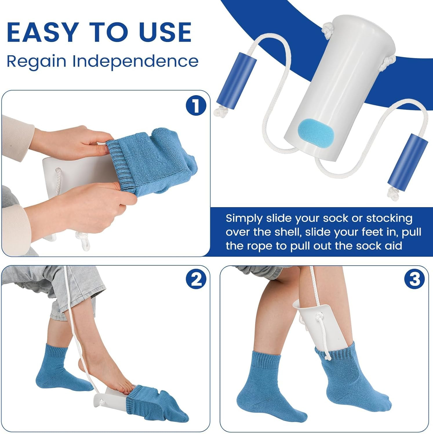 Sock Aid Kit, Flexible Sock Aid Device with Long Rope – Sock Puller Aid Easy on