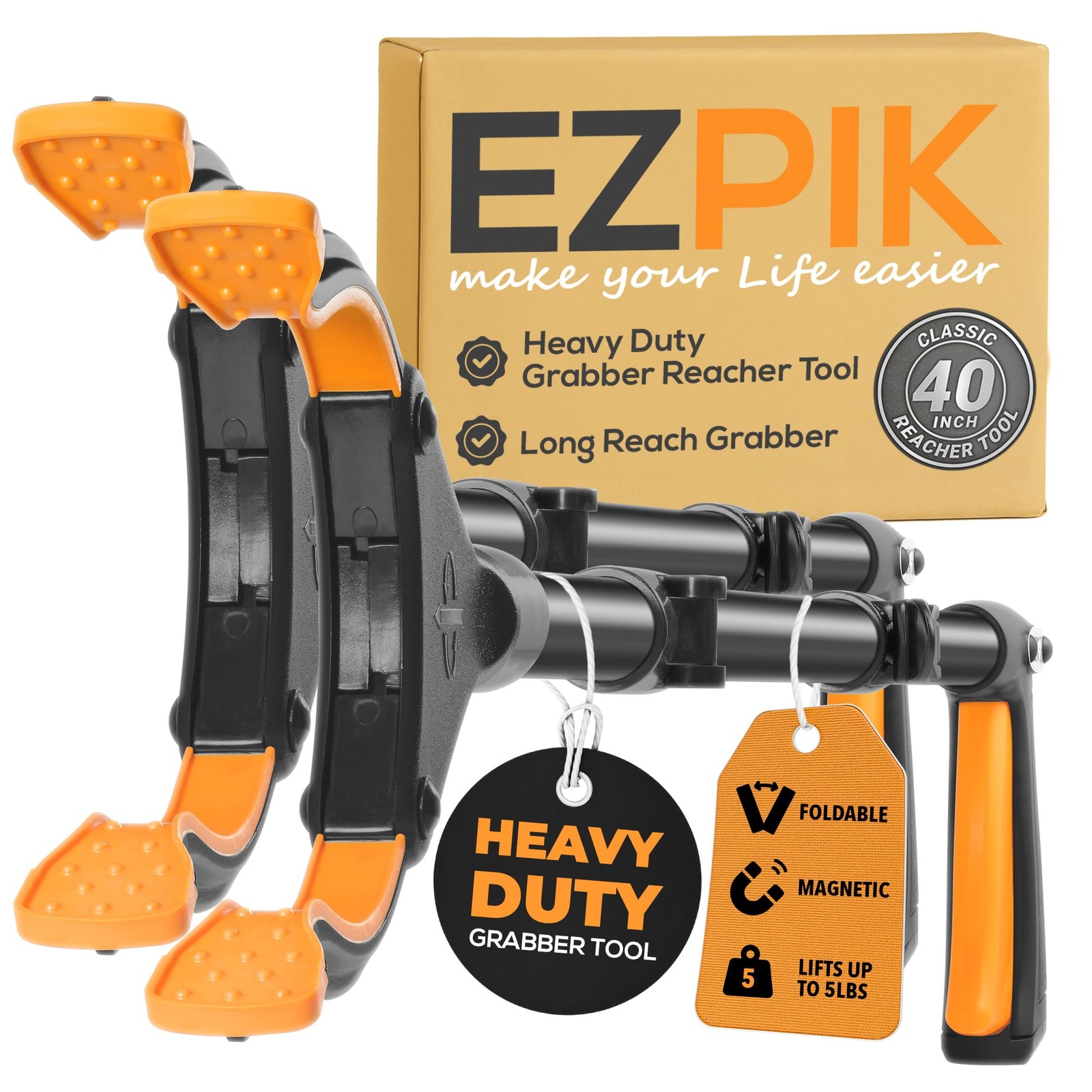 EZPIK Classic 40” Folding Grabber Reacher Tool 40 inches (Pack of 2), Black