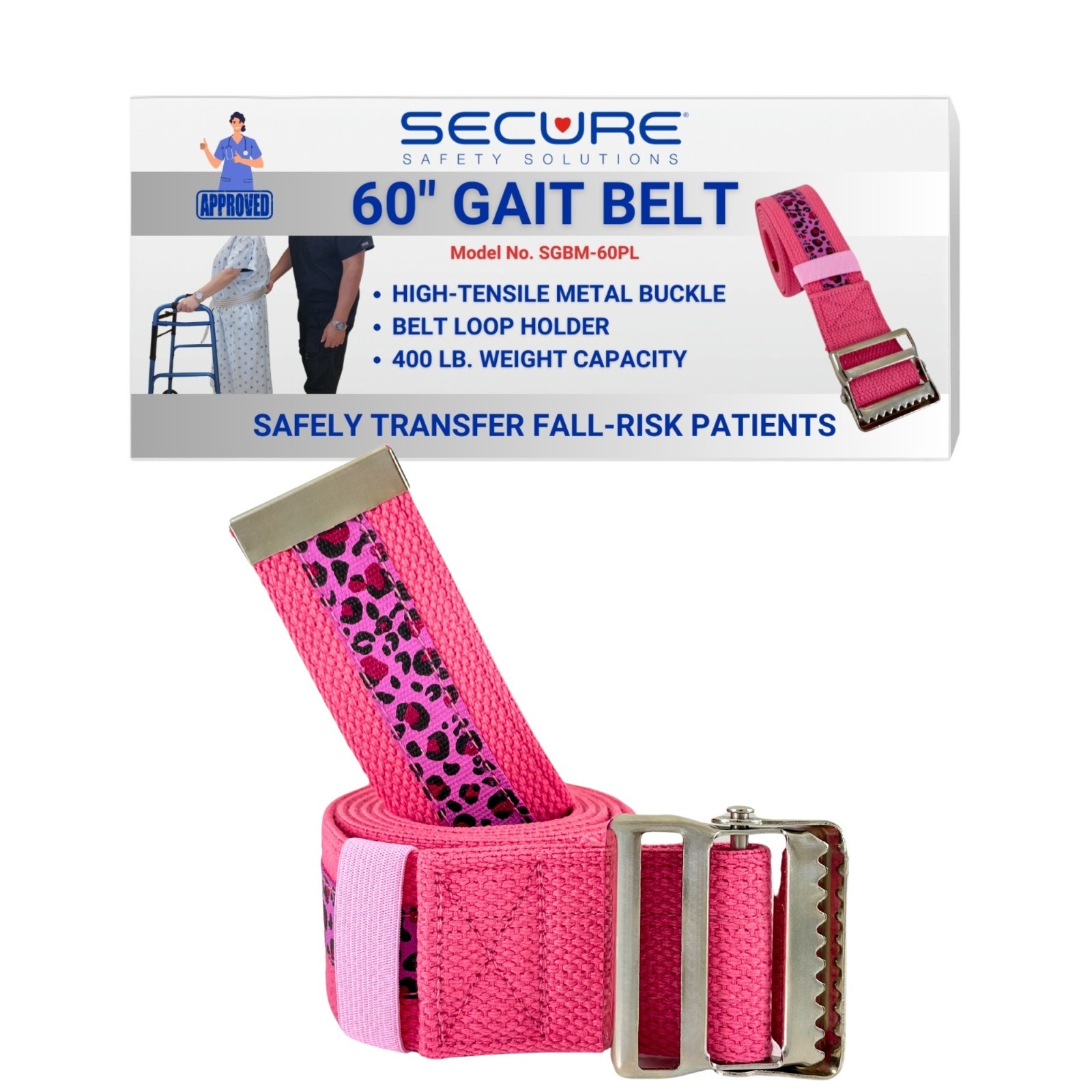 Secure Gait Belt for Seniors 60”, Pink Leopard, Quick Release Metal Buckle