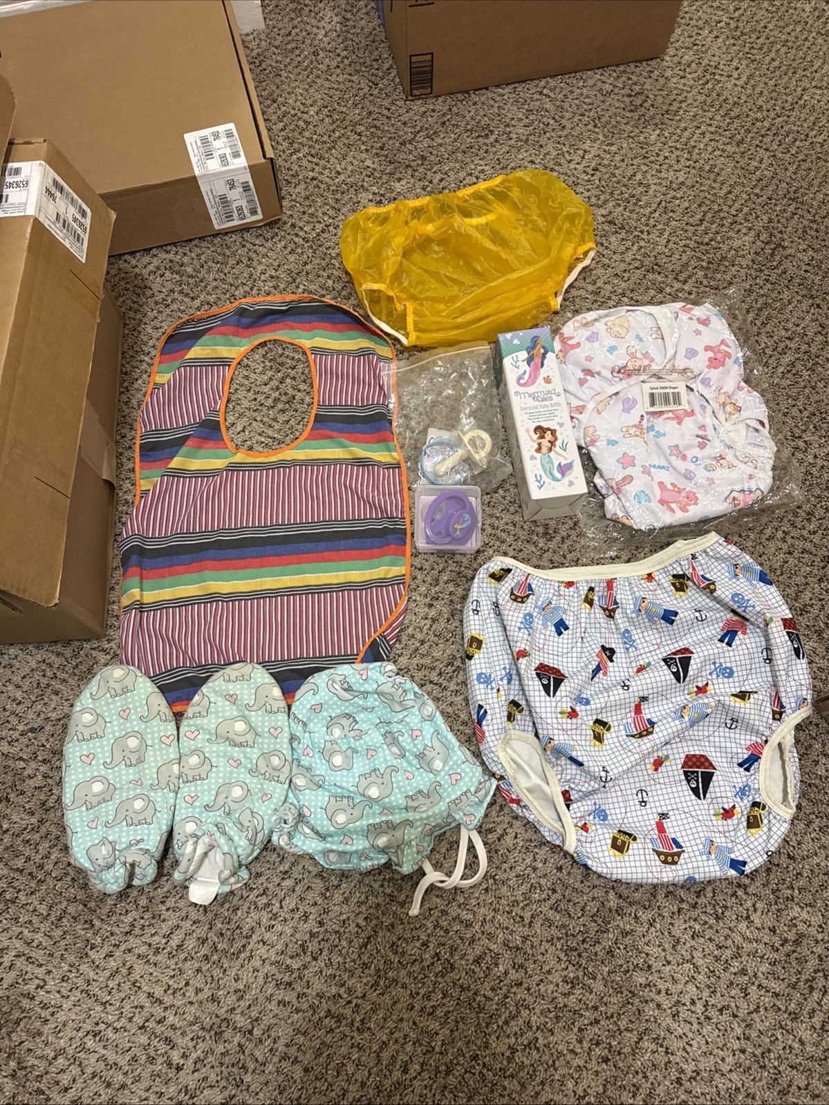 ABDL vintage lot accessories,swim diaper, mittens, bonnet, bib, plastic pants