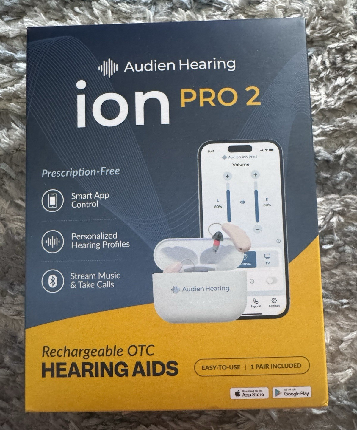 Audien Hearing ion Pro 2 Rechargeable Bluetooth BTE Hearing Aids w/ Case Cable