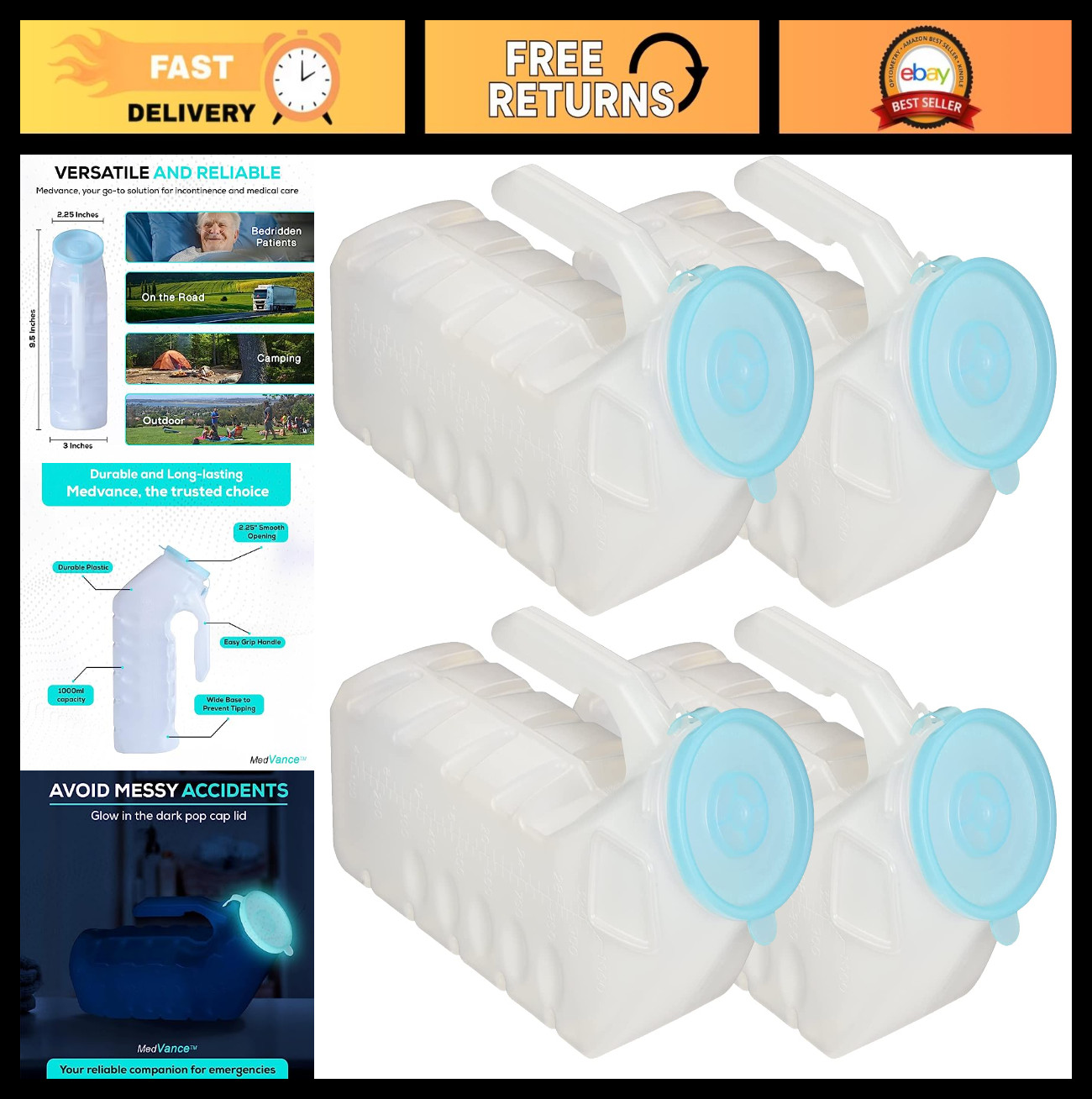 1000ml Glow in the Dark Male Urinals – Spill Proof Portable Pee Bottles (4 Pack)