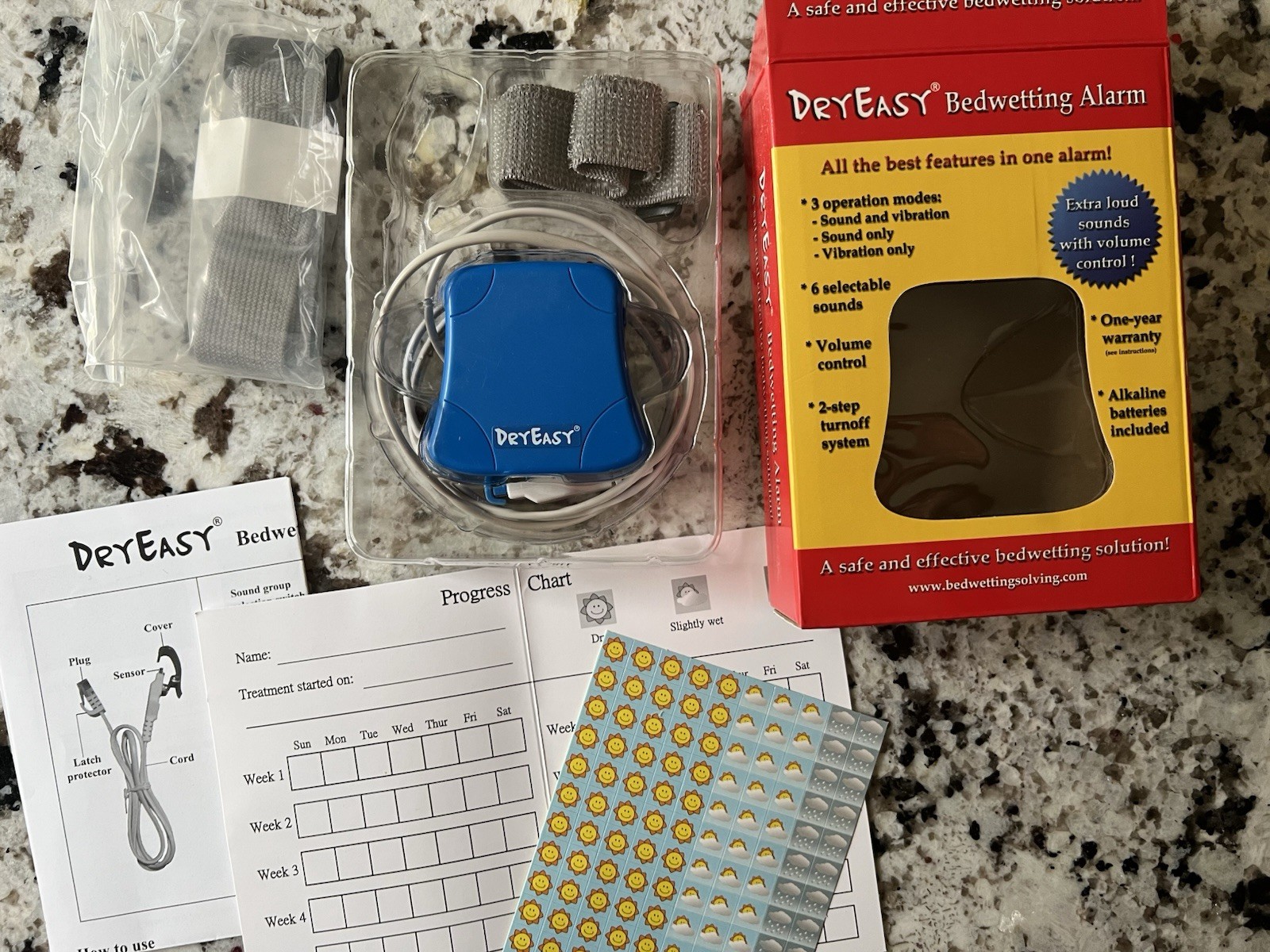 DryEasy Bedwetting Alarm w/ Vibration & Volume Control, Blue EUC