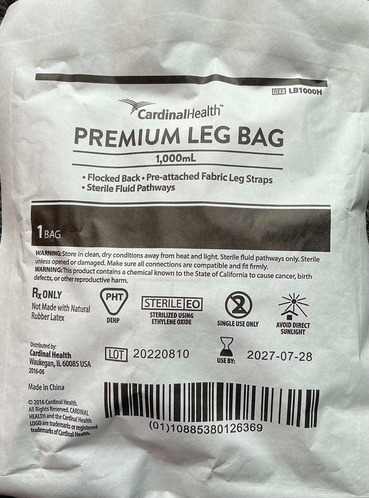 LB1000H Premium Leg Bag by Cardinal Health – 1000mL SEALED – Each