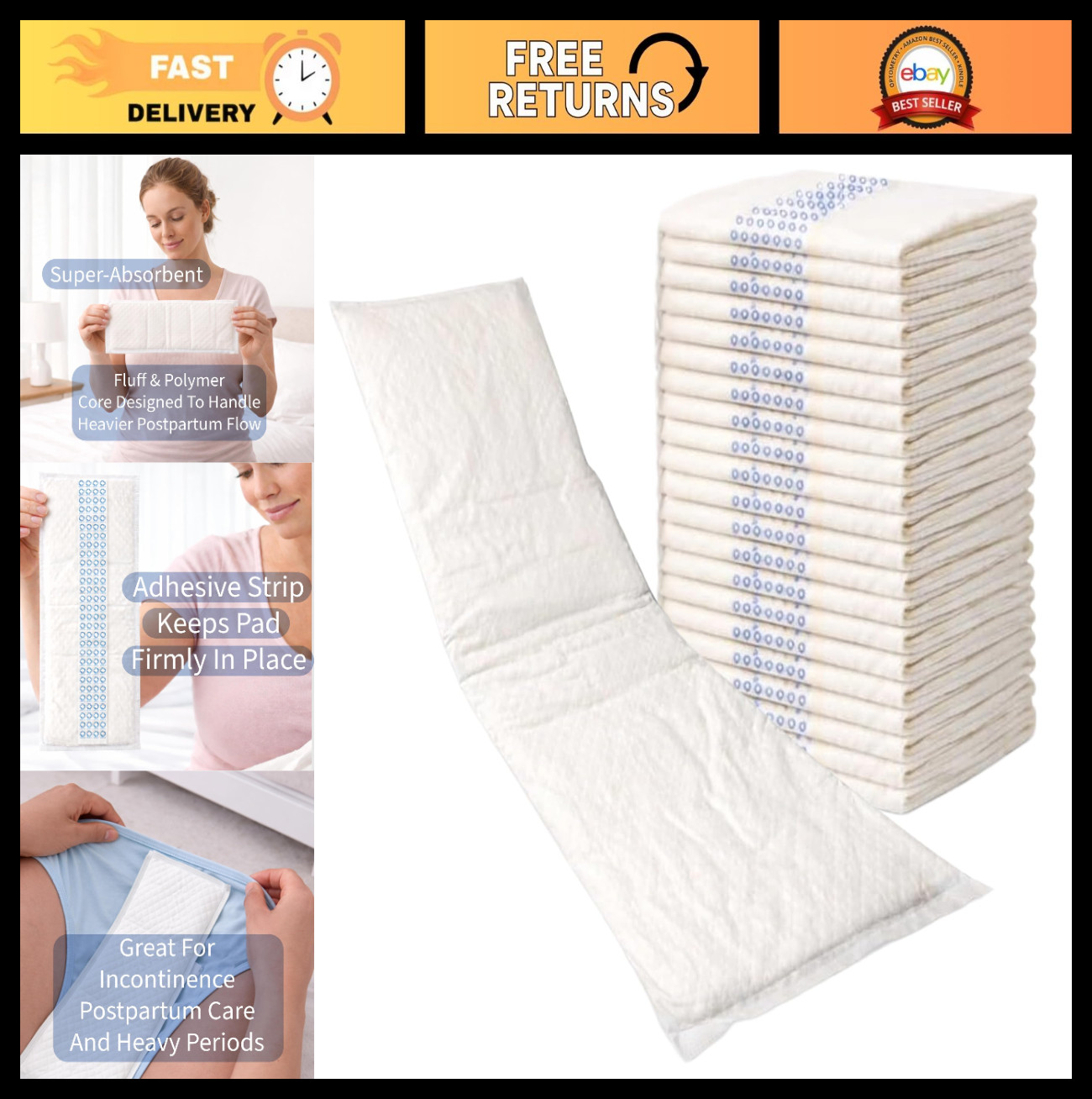 Super Absorbent Postpartum Pads 20 Pack | Adhesive Backing, Overnight Protection