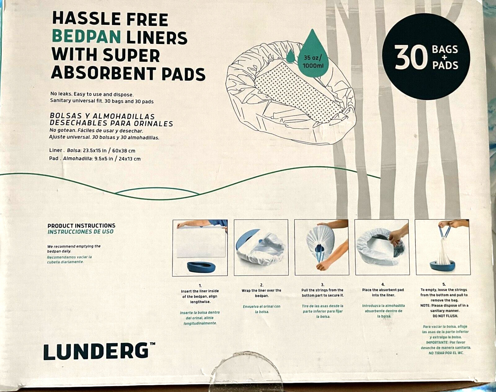 Lunderg 30 Pk of Bedpan Liners w/ Super Absorbent Pads Universal Fit NEW Sealed;