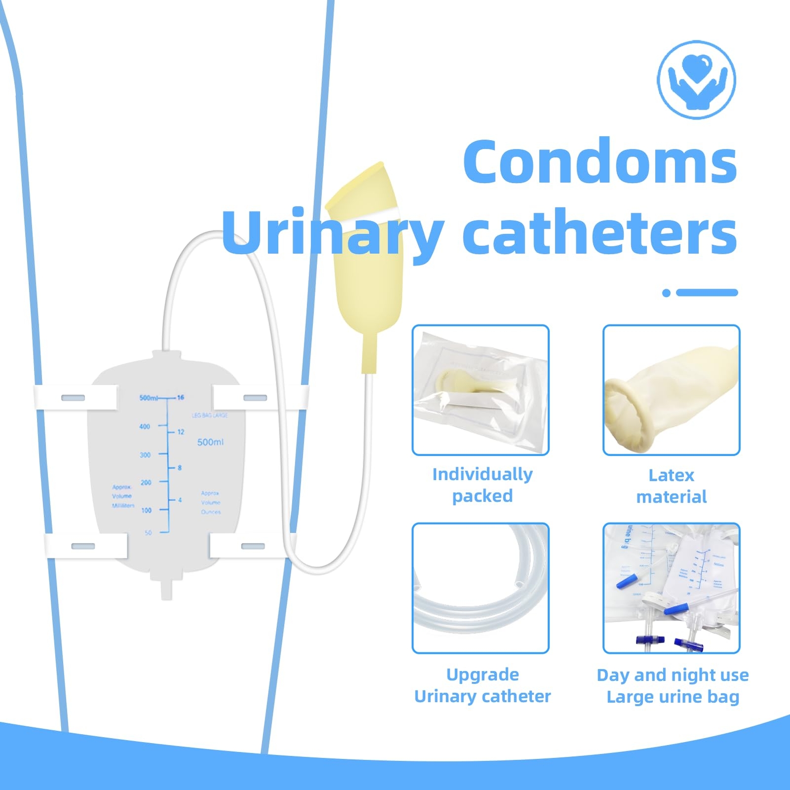 Latex Condom Catheter External Self-Sealing Set Thick Tube500ml Leg Bag *1 20…