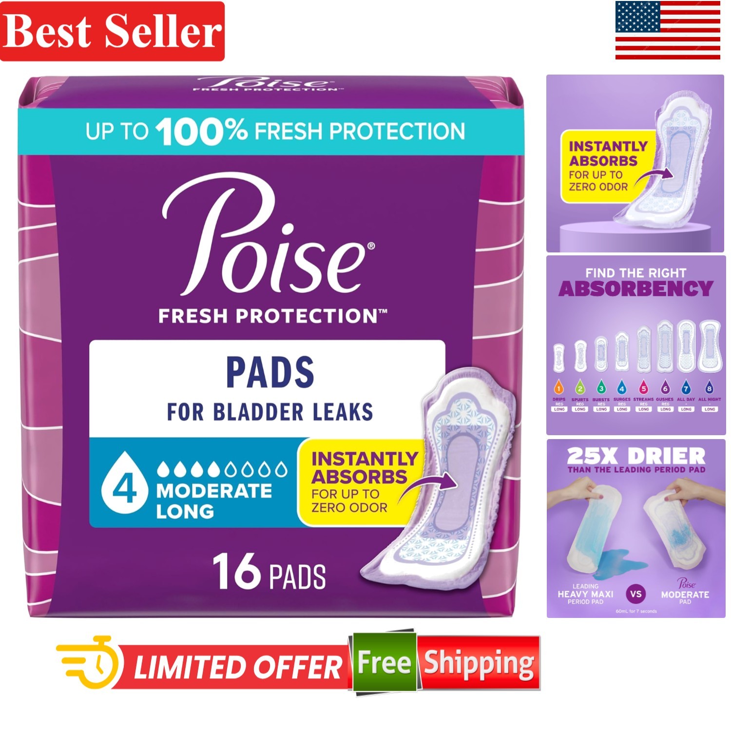Poise Incontinence & Postpartum Pads – 16 Count, 4 Drop Moderate Absorbency Long