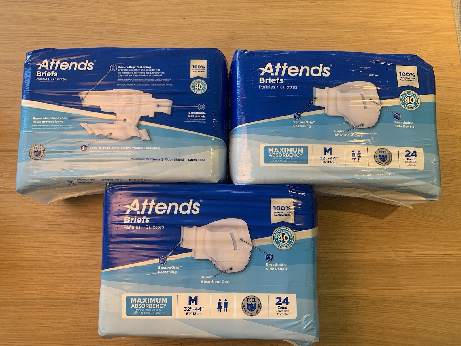 ATTENDS ADULT BRIEFS LOT OF 3 ~ 72ct ~Size MEDIUM Unisex Disposable