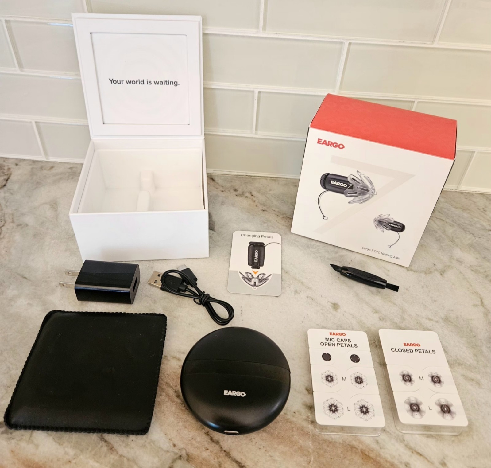 Eargo 7 OTC Hearing Aids Pair w/ Charger, Box, Cord + NEW Closed Petals Mic Caps