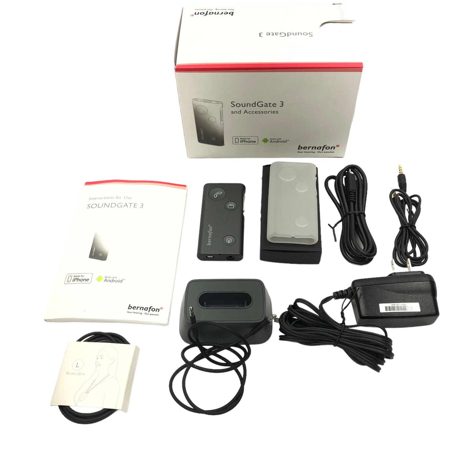 Bernafon SoundGate 3 Hearing Aid Remote with Charger Cradle, Manual, Cables