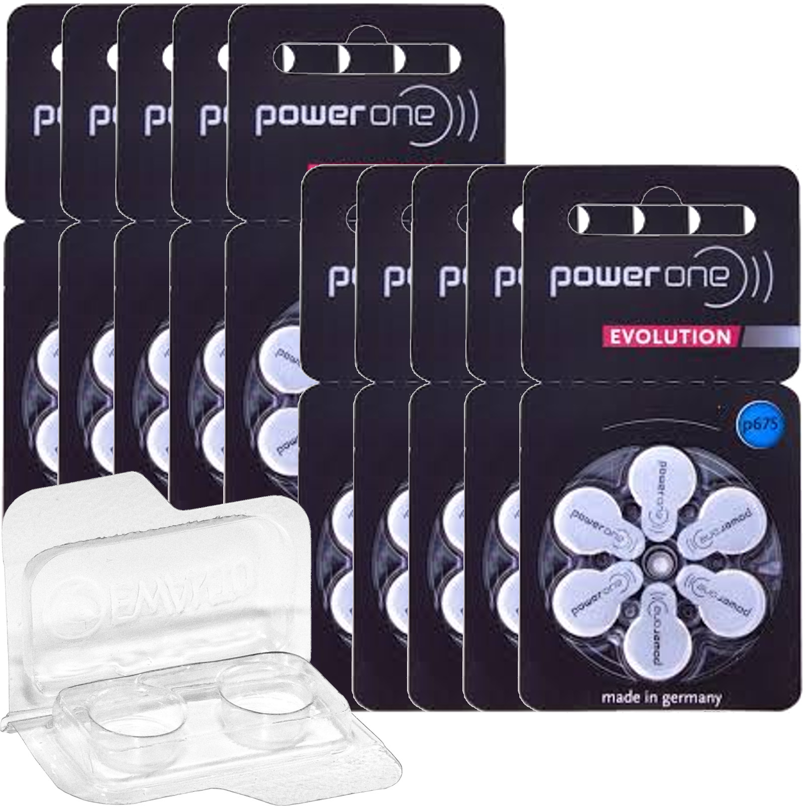 60 Power One Evolution hearing aid batteries with storage box P675 10×6 pack